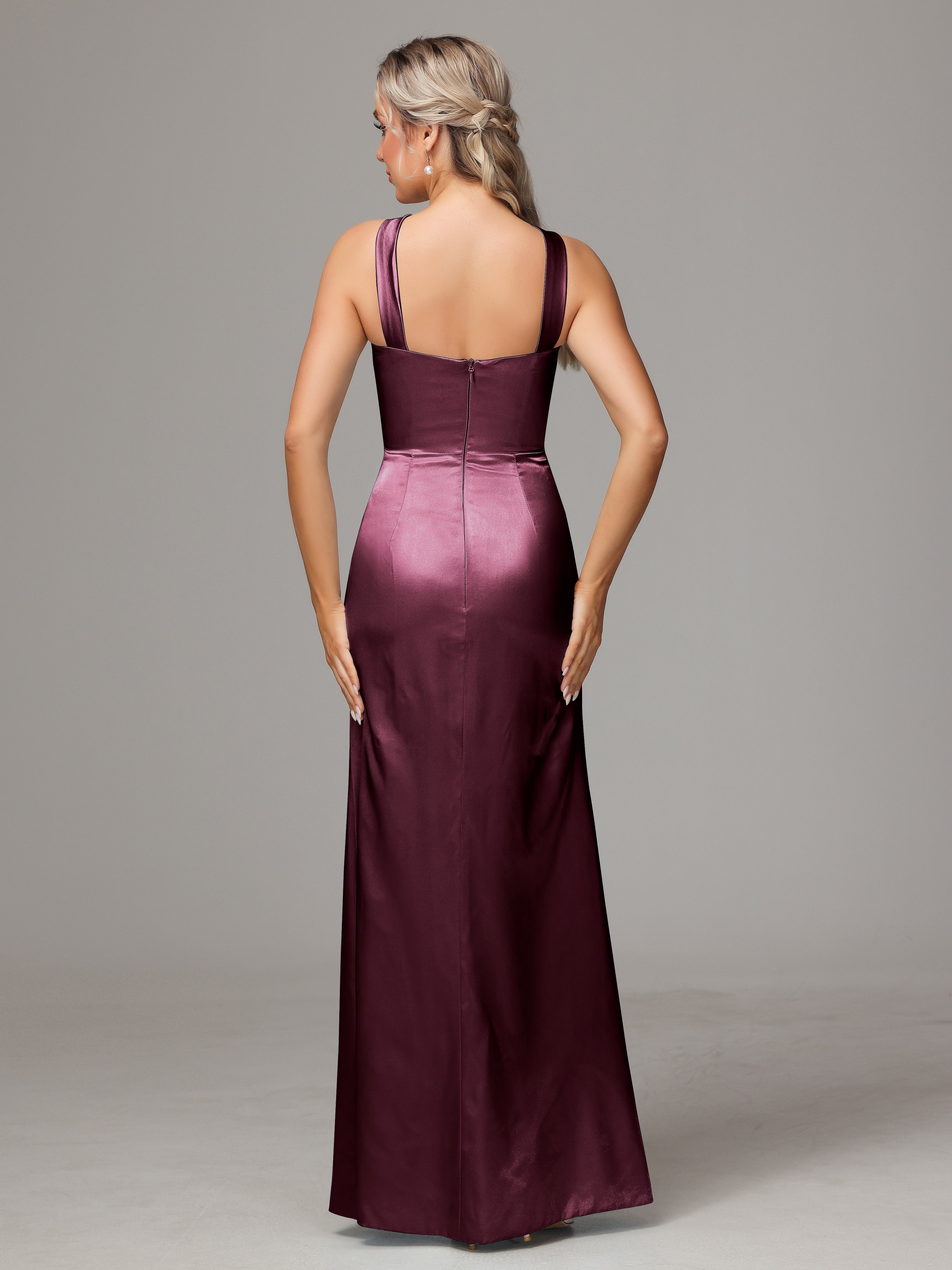 Sleeveless Lace Up Soft Satin Bridesmaid Dresses With Split