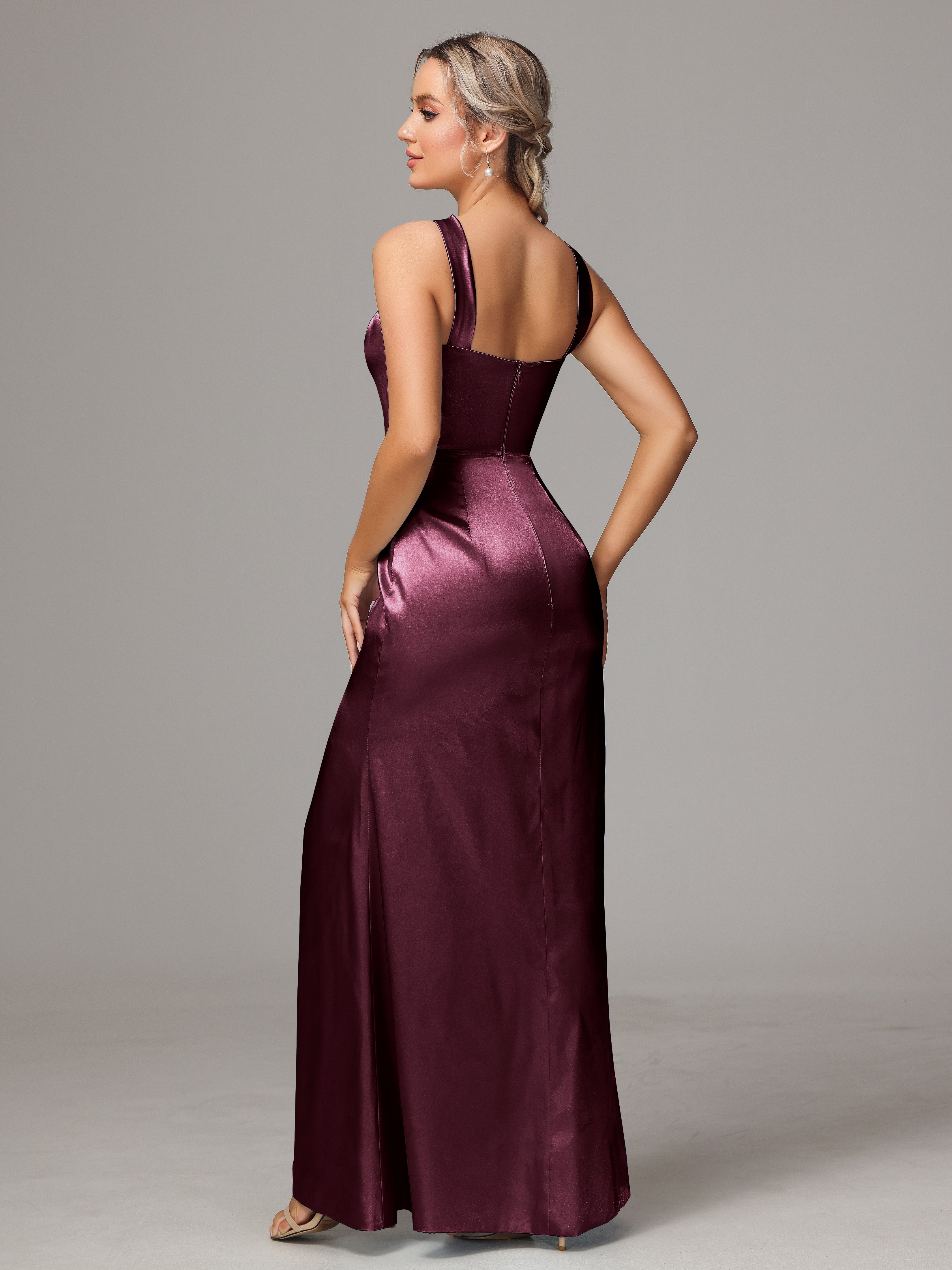 Sleeveless Lace Up Soft Satin Bridesmaid Dresses With Split