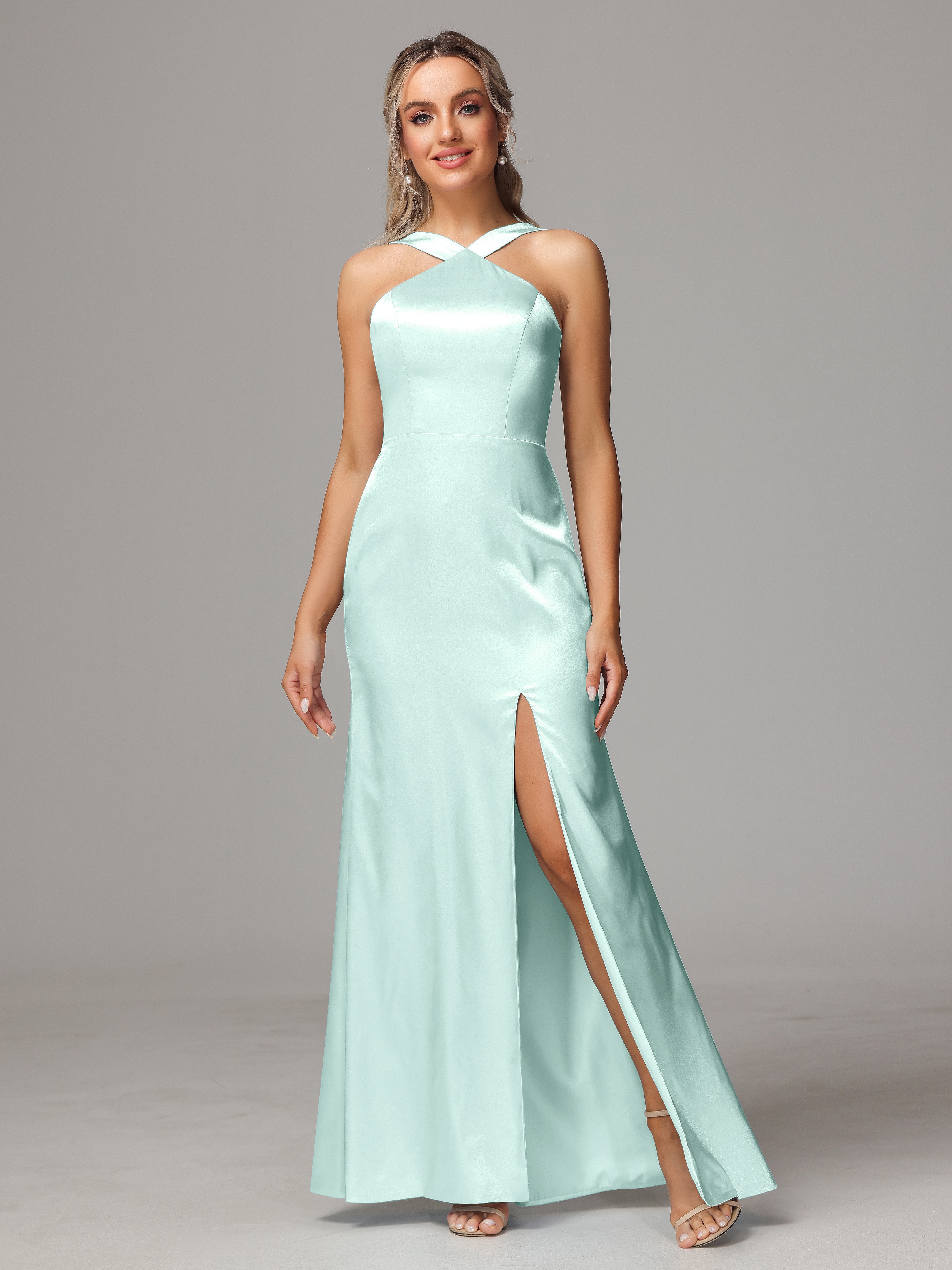Sleeveless Lace Up Soft Satin Bridesmaid Dresses With Split