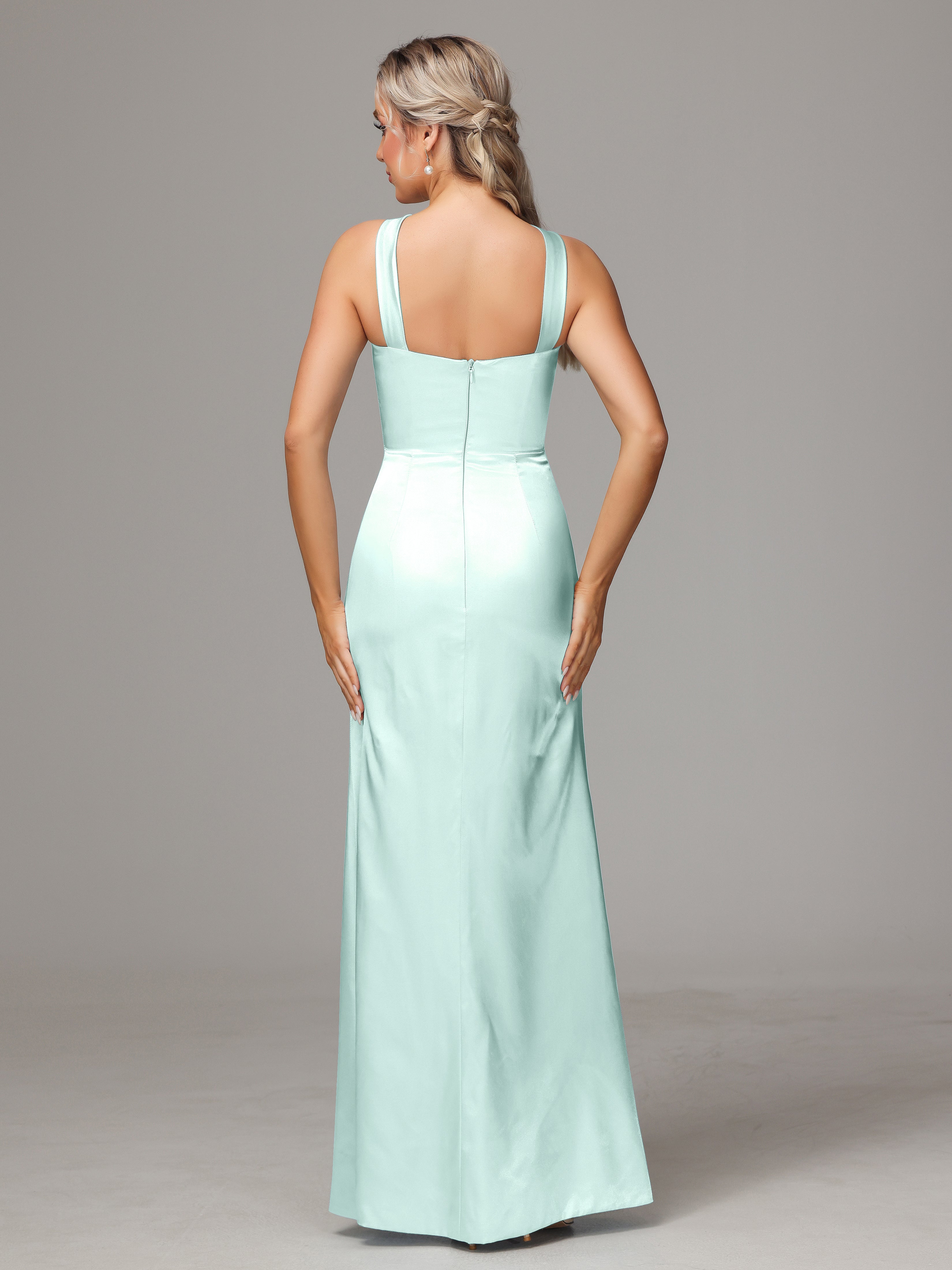 Sleeveless Lace Up Soft Satin Bridesmaid Dresses With Split