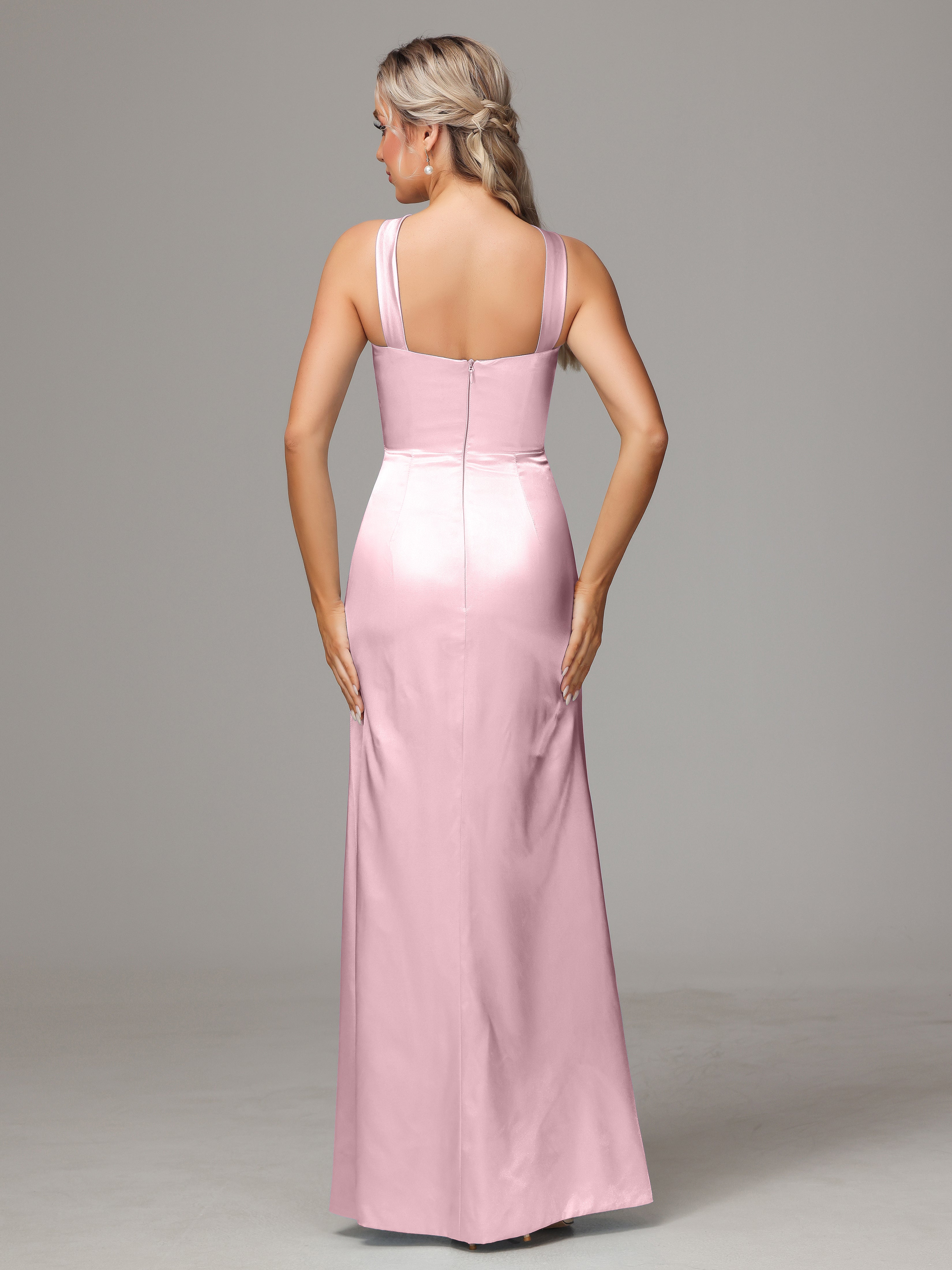 Sleeveless Lace Up Soft Satin Bridesmaid Dresses With Split