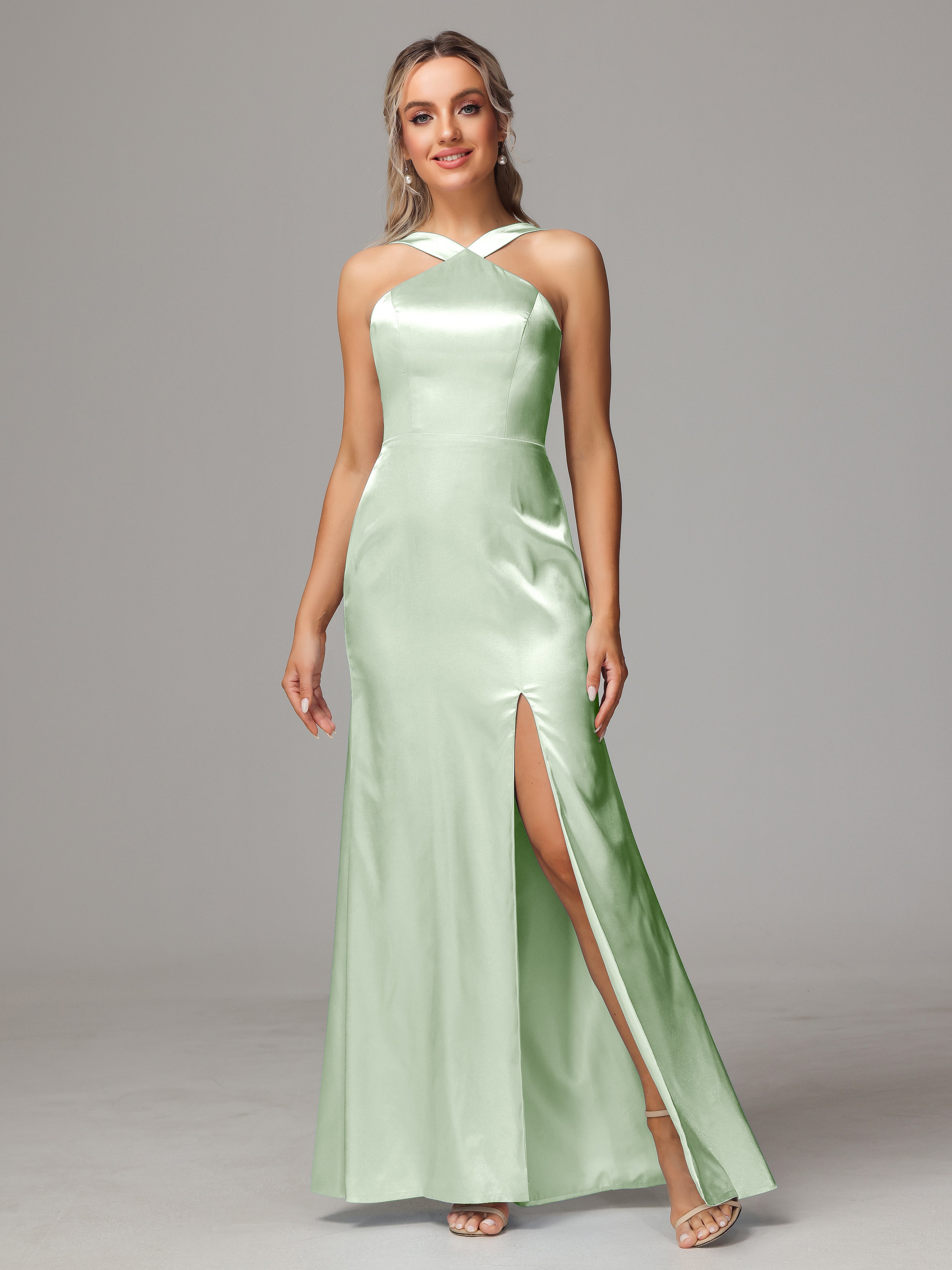 Sleeveless Lace Up Soft Satin Bridesmaid Dresses With Split