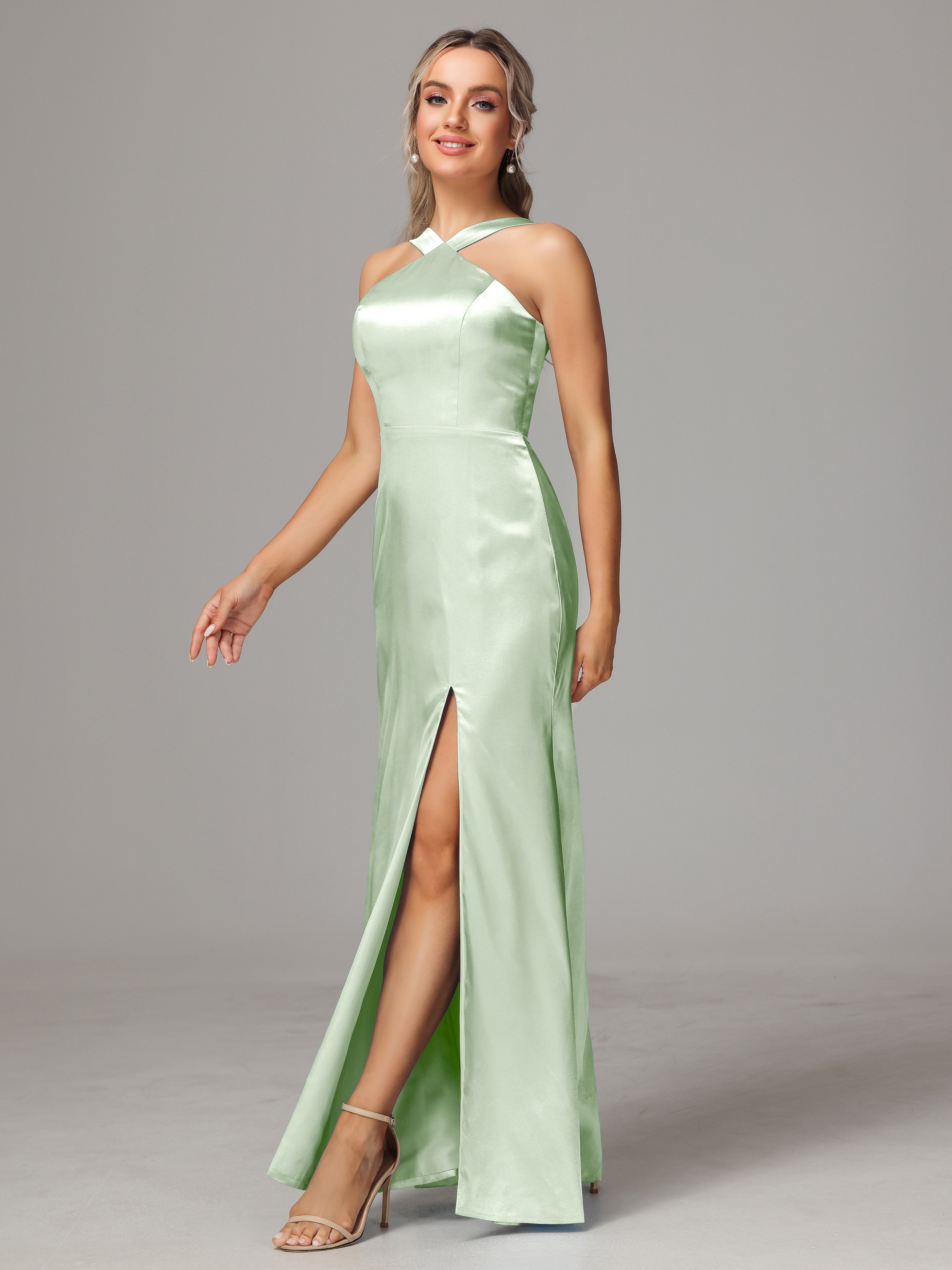 Sleeveless Lace Up Soft Satin Bridesmaid Dresses With Split