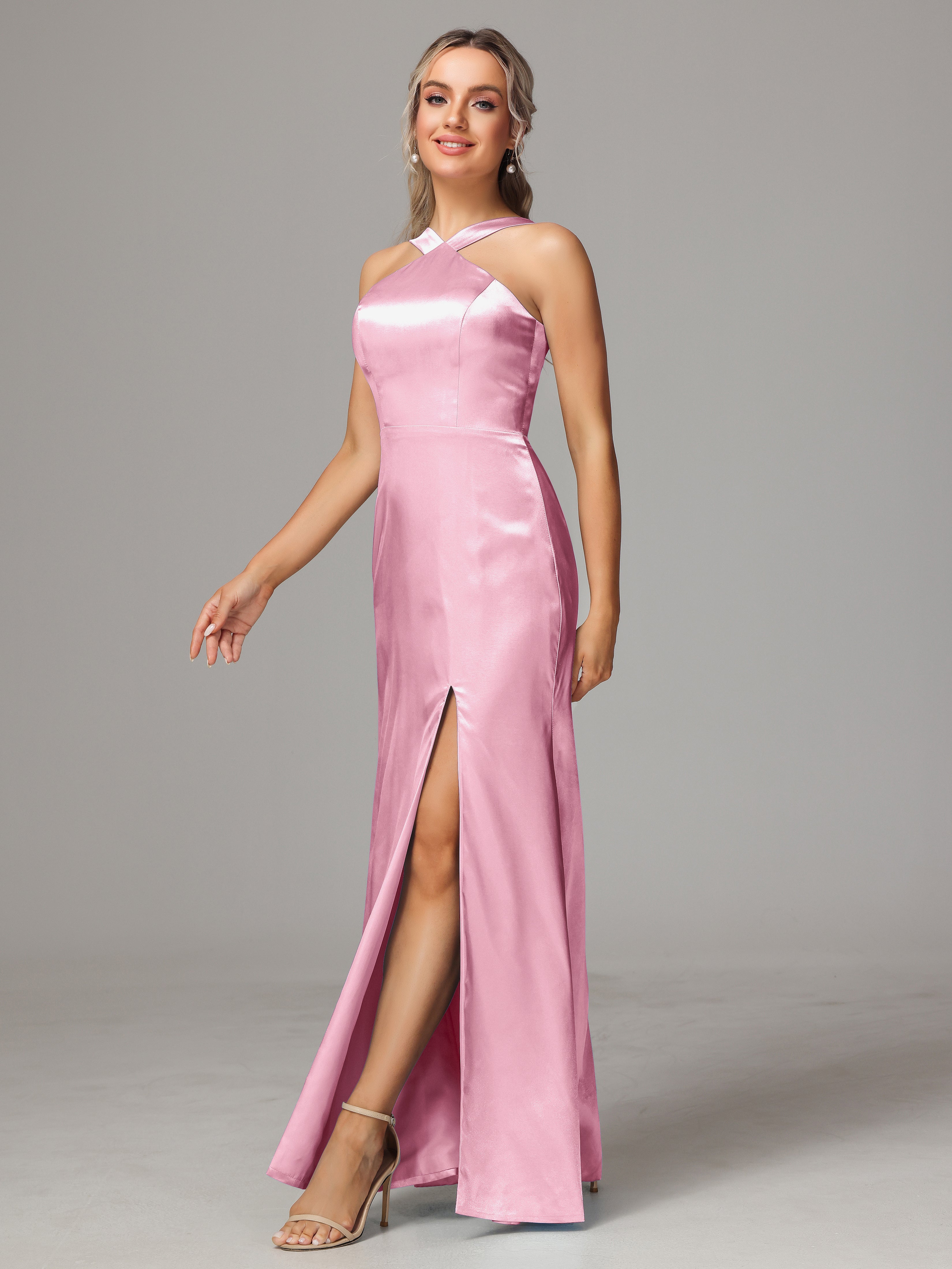 Sleeveless Lace Up Soft Satin Bridesmaid Dresses With Split