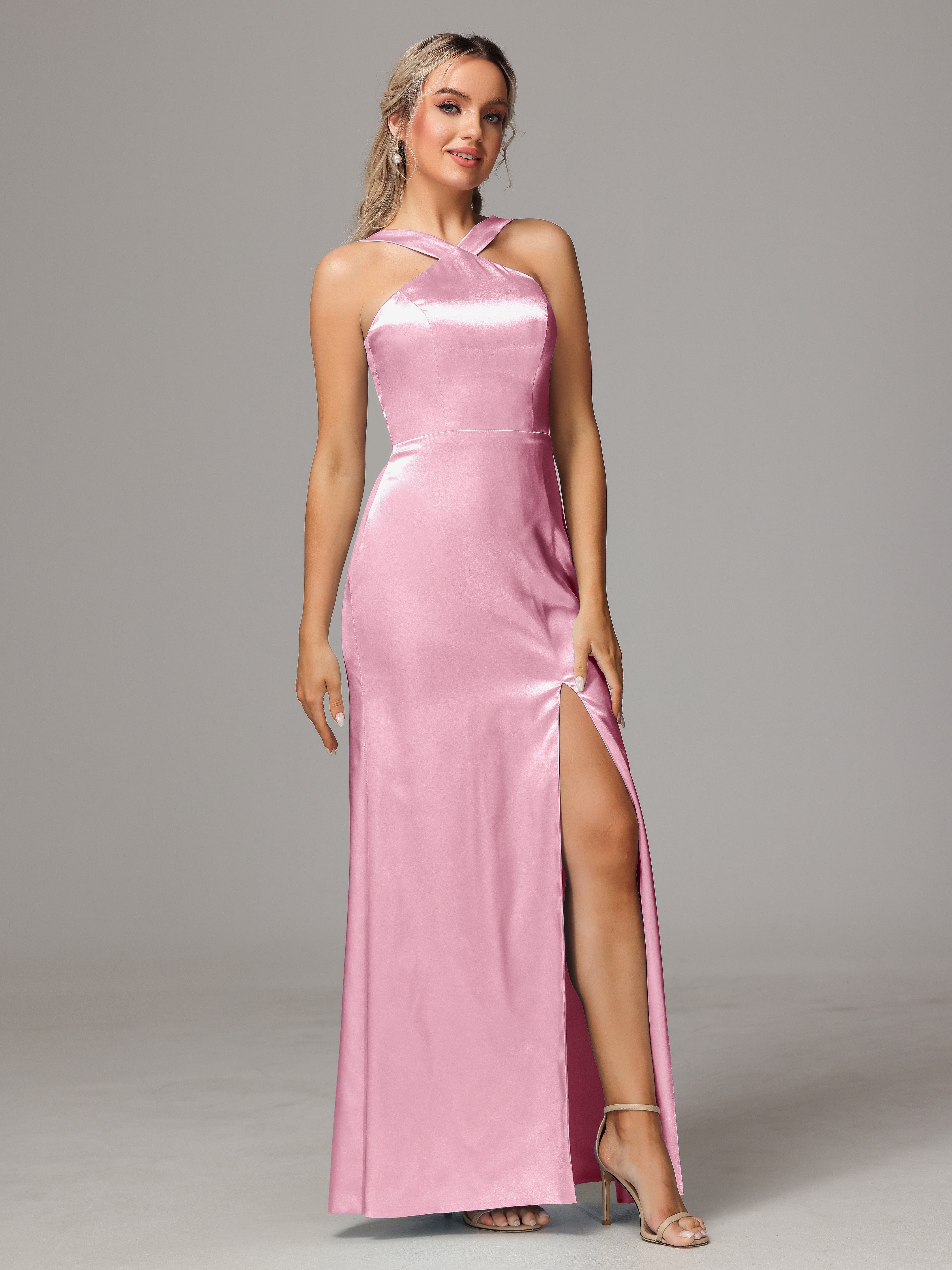 Sleeveless Lace Up Soft Satin Bridesmaid Dresses With Split