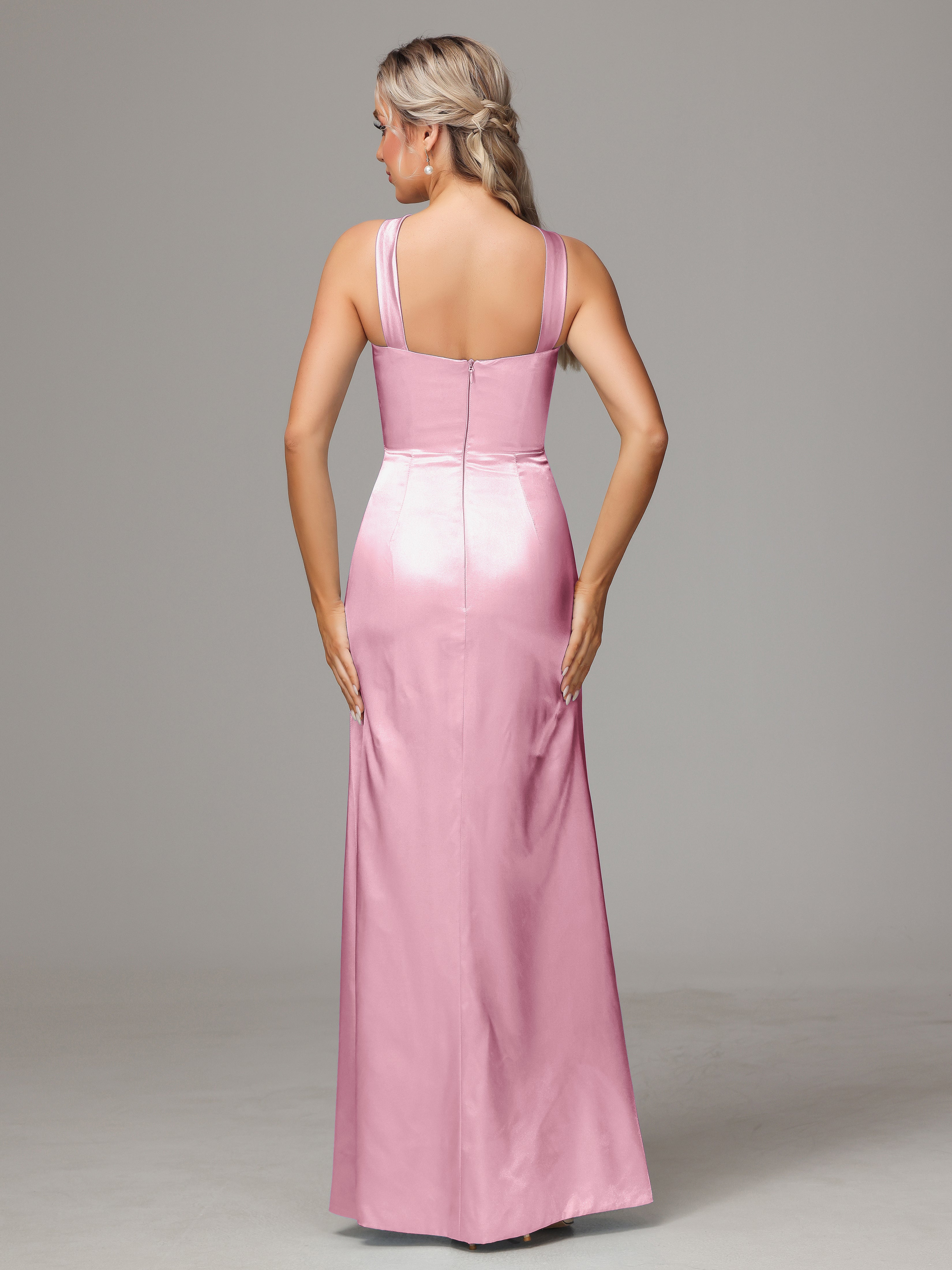 Sleeveless Lace Up Soft Satin Bridesmaid Dresses With Split