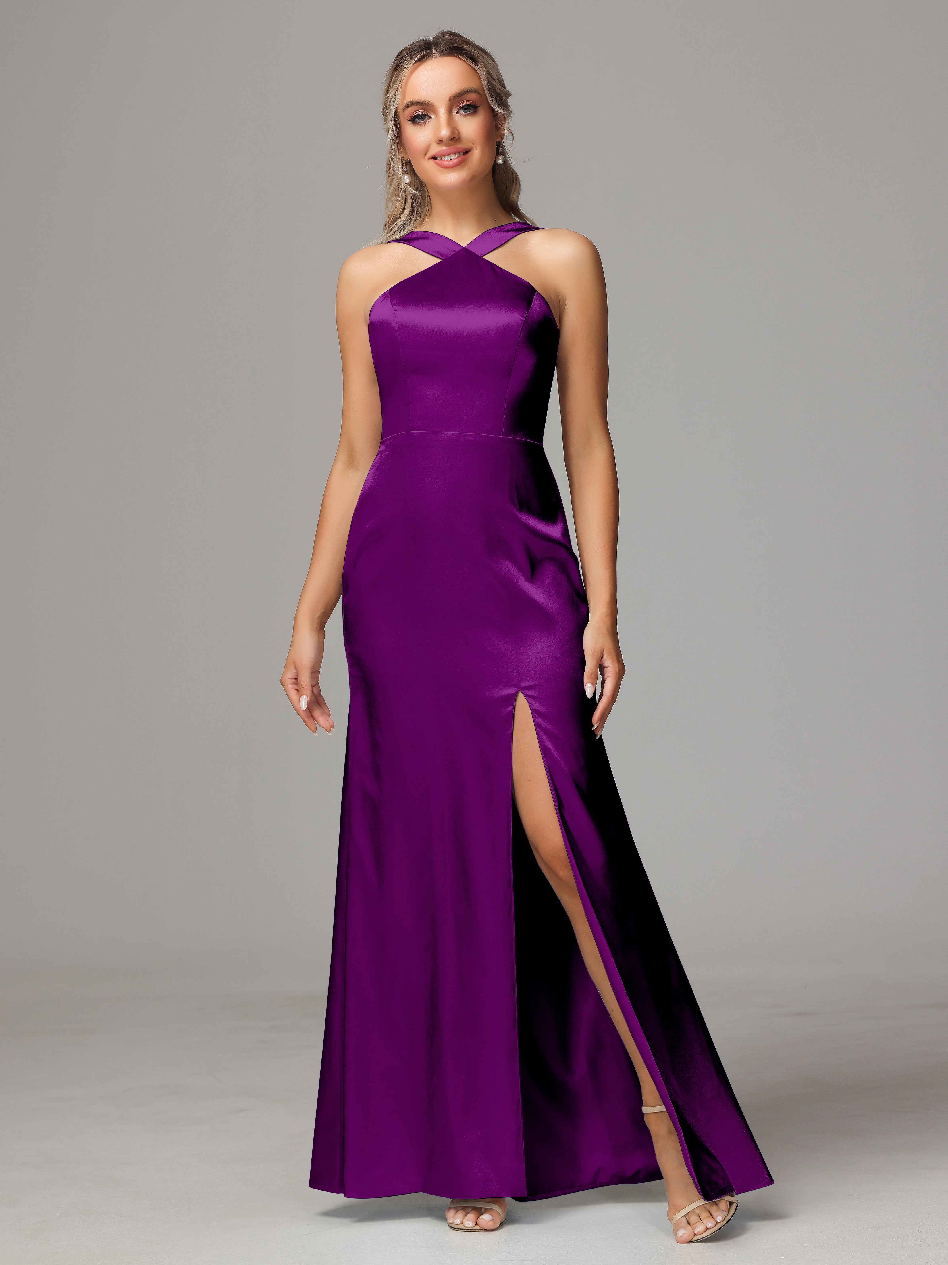 Sleeveless Lace Up Soft Satin Bridesmaid Dresses With Split