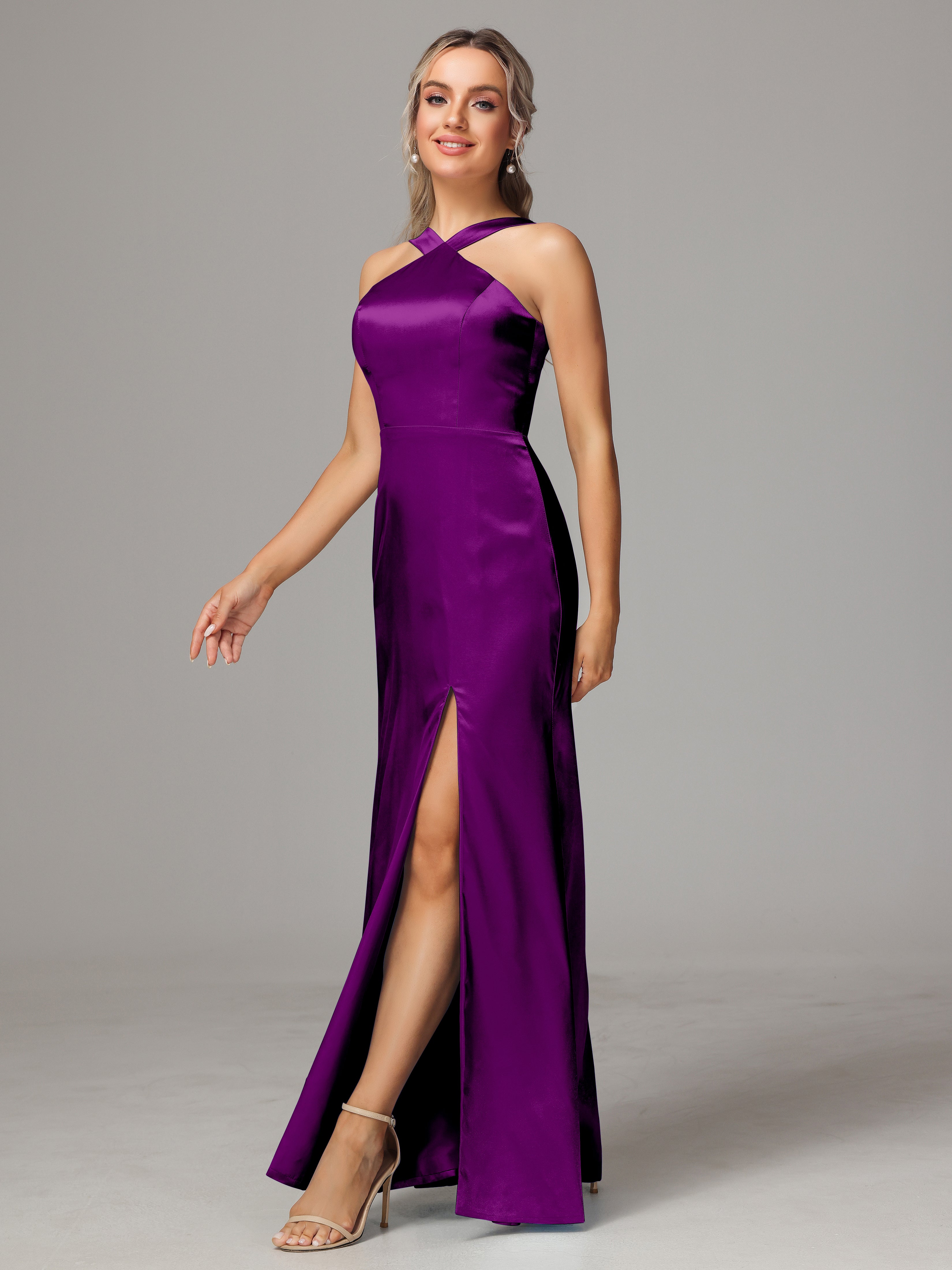 Sleeveless Lace Up Soft Satin Bridesmaid Dresses With Split