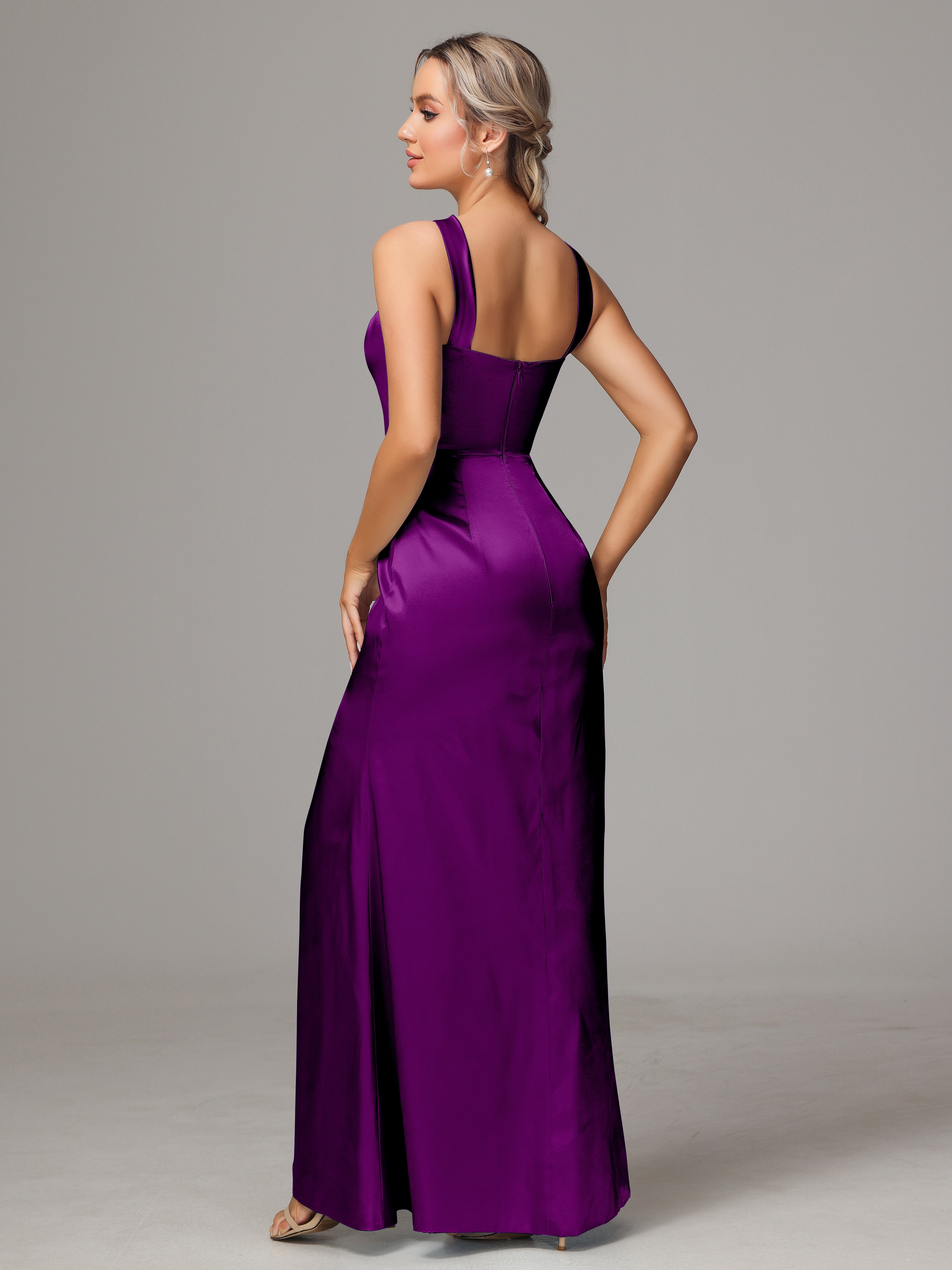 Sleeveless Lace Up Soft Satin Bridesmaid Dresses With Split