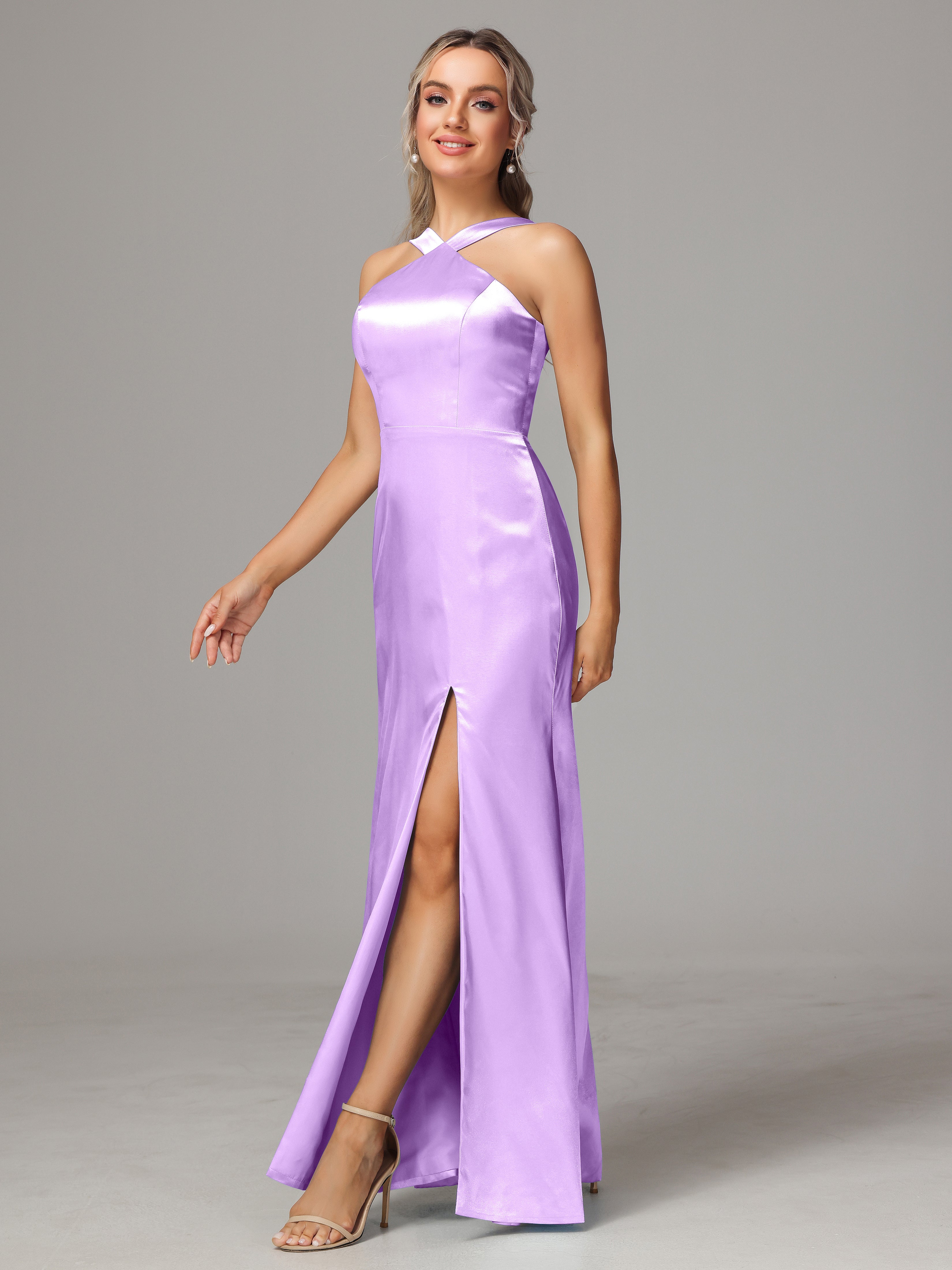 Sleeveless Lace Up Soft Satin Bridesmaid Dresses With Split