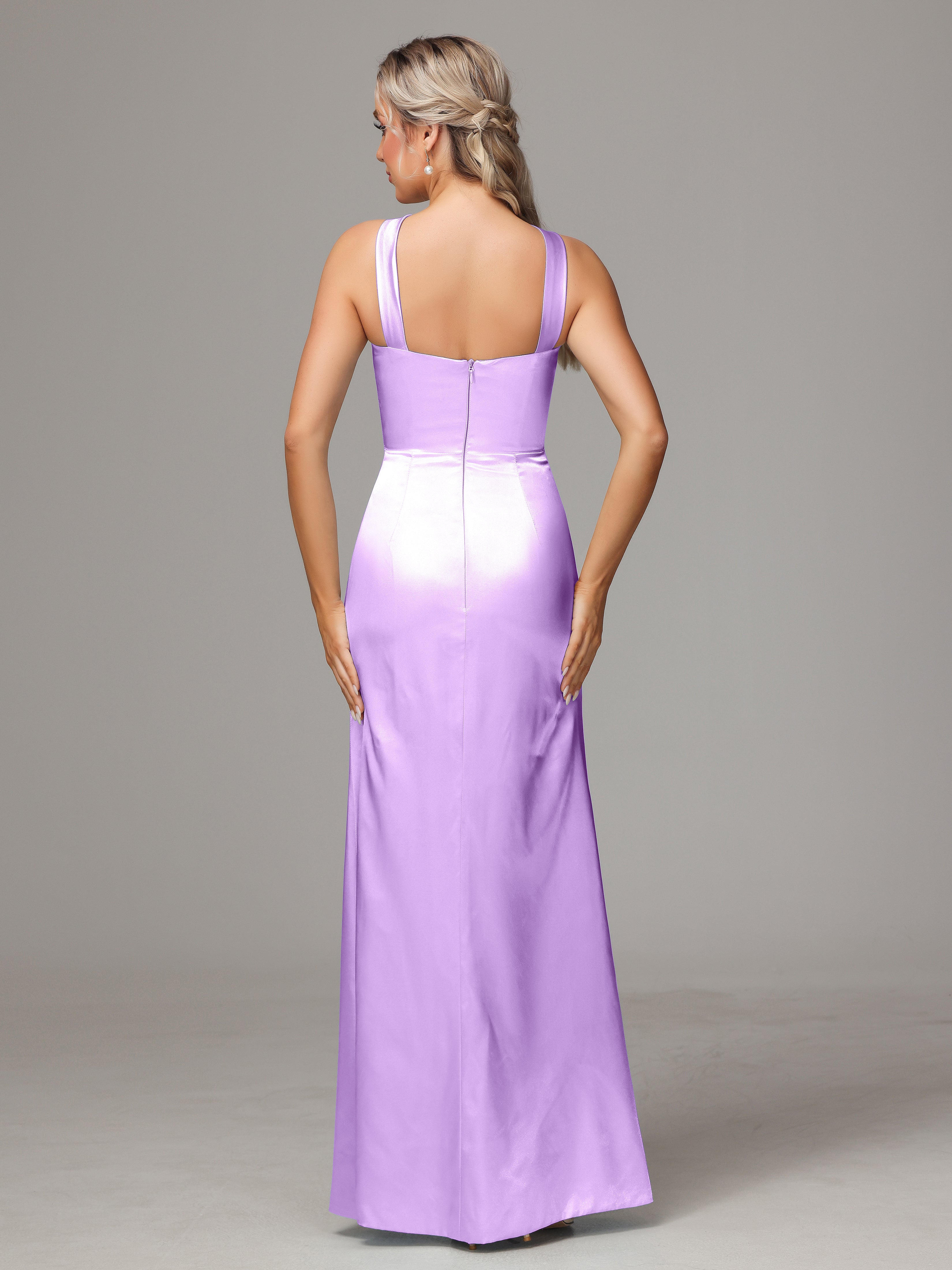 Sleeveless Lace Up Soft Satin Bridesmaid Dresses With Split