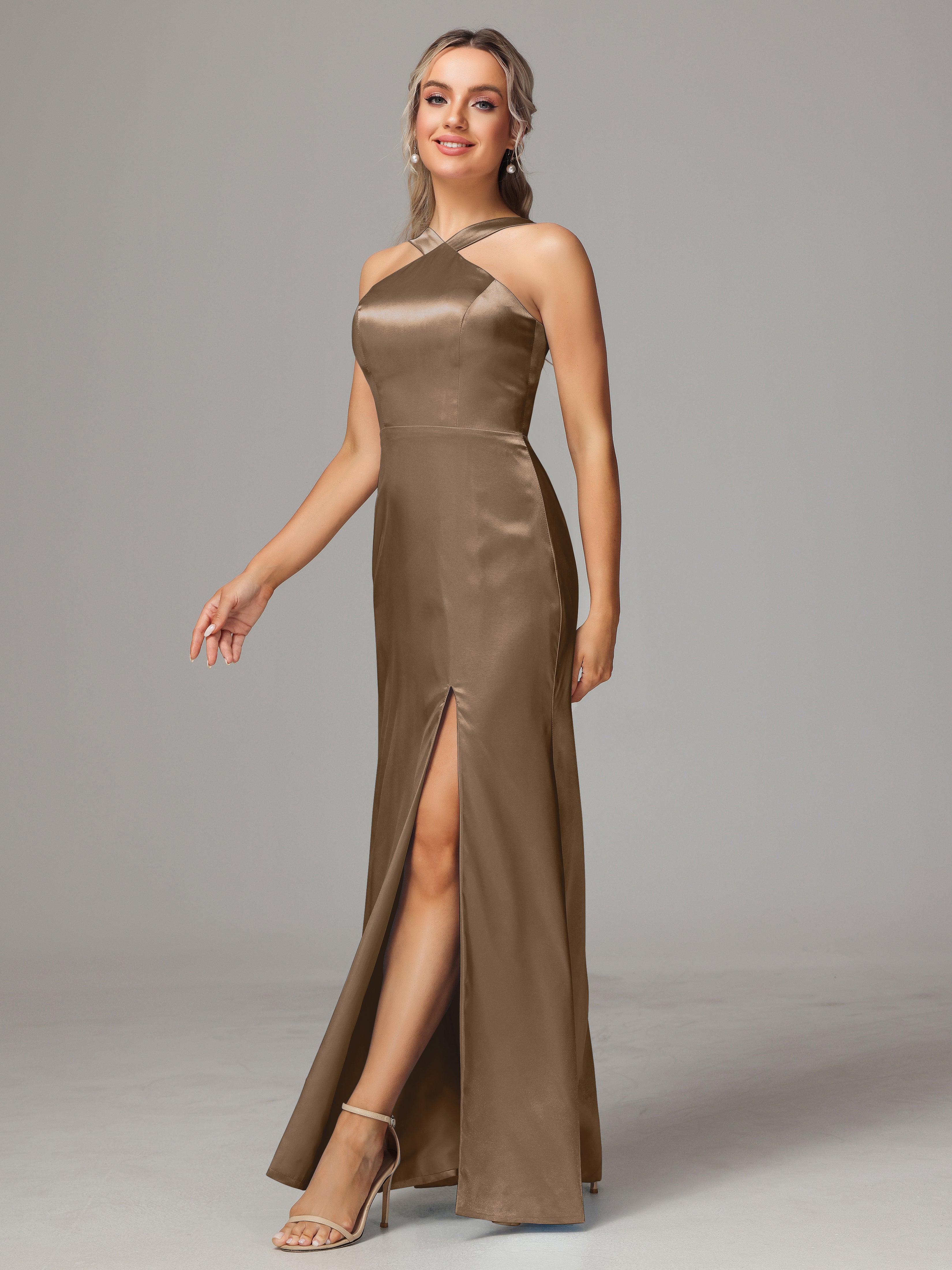 Sleeveless Lace Up Soft Satin Bridesmaid Dresses With Split