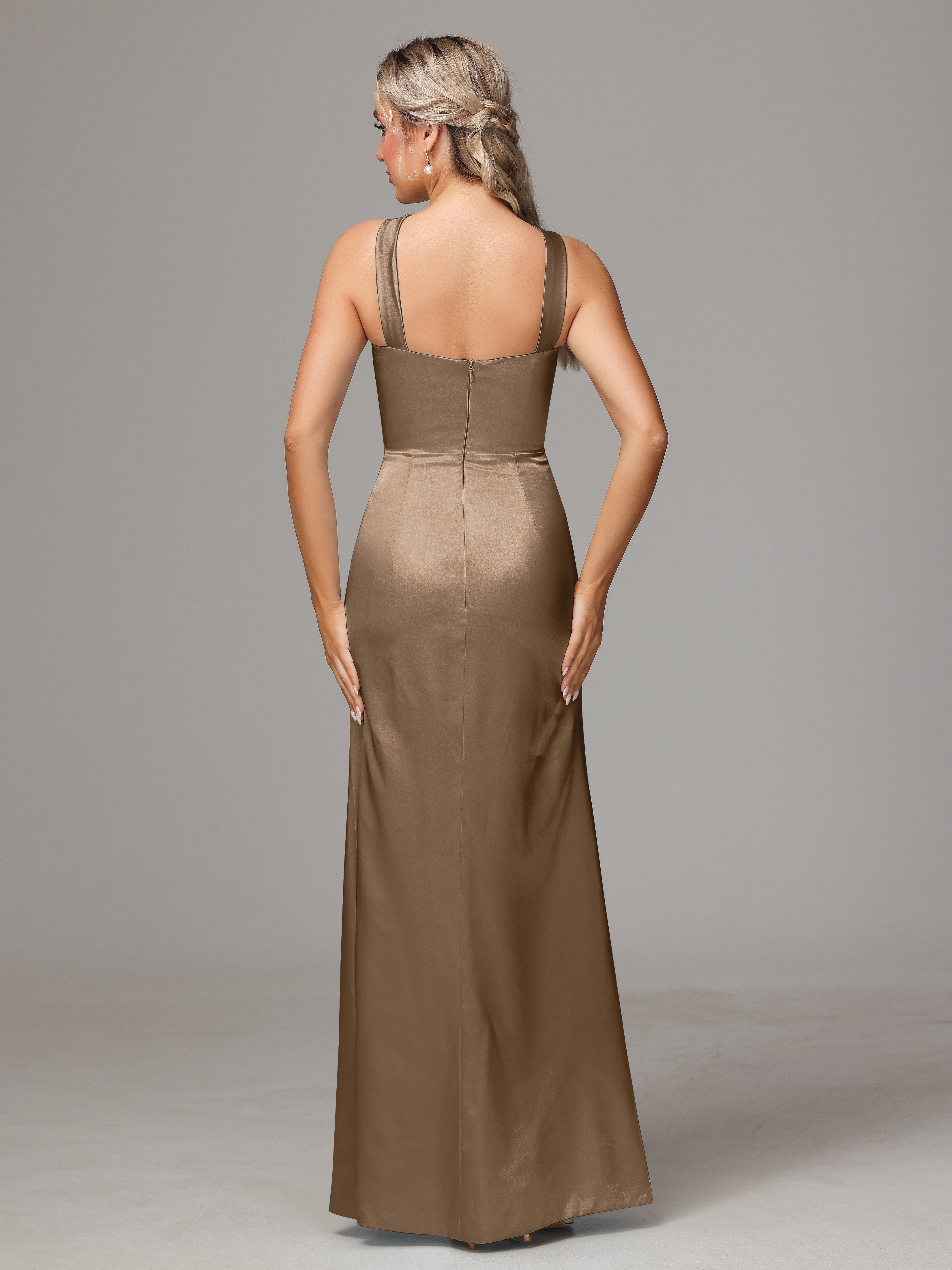 Sleeveless Lace Up Soft Satin Bridesmaid Dresses With Split