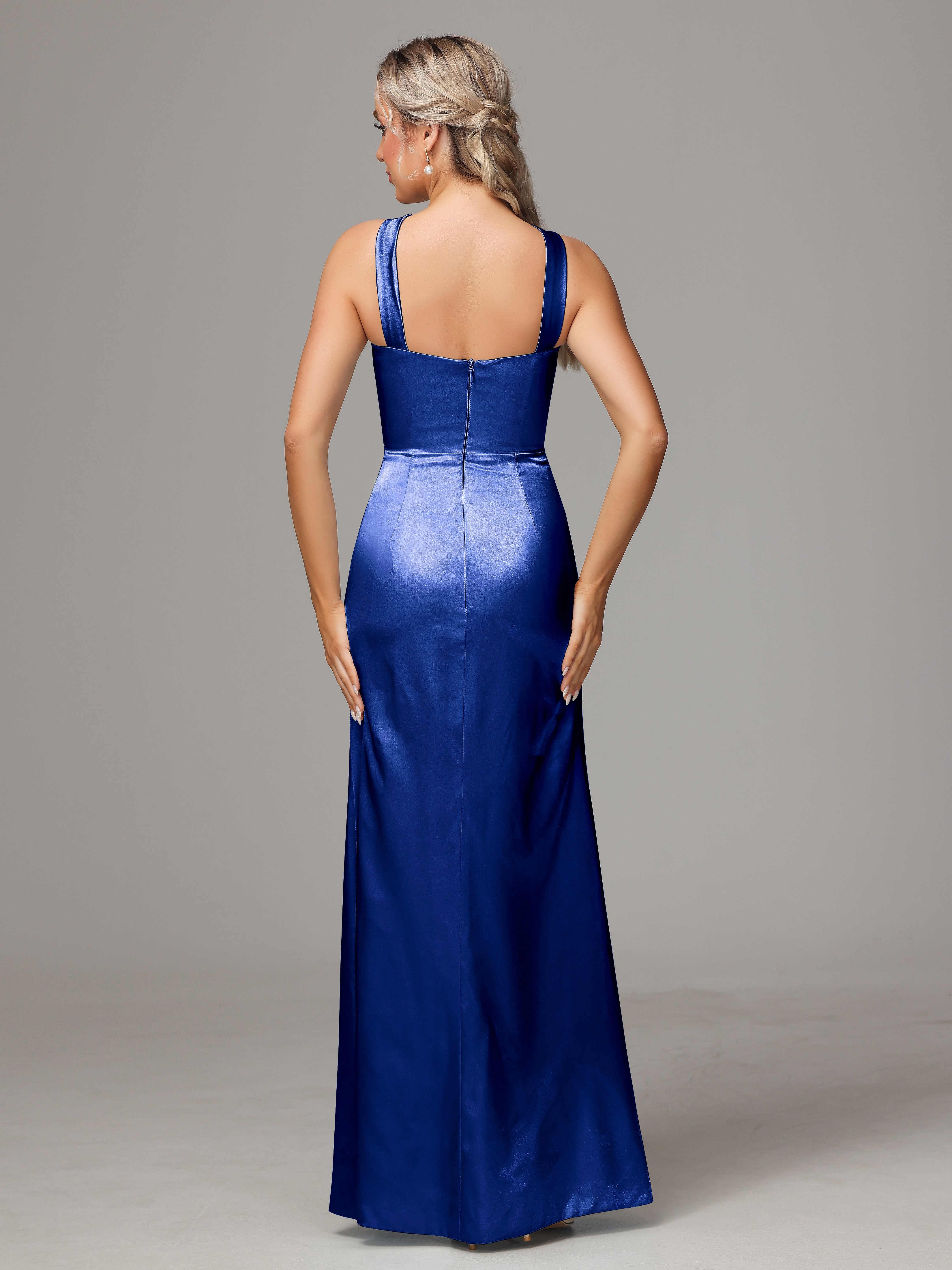 Sleeveless Lace Up Soft Satin Bridesmaid Dresses With Split