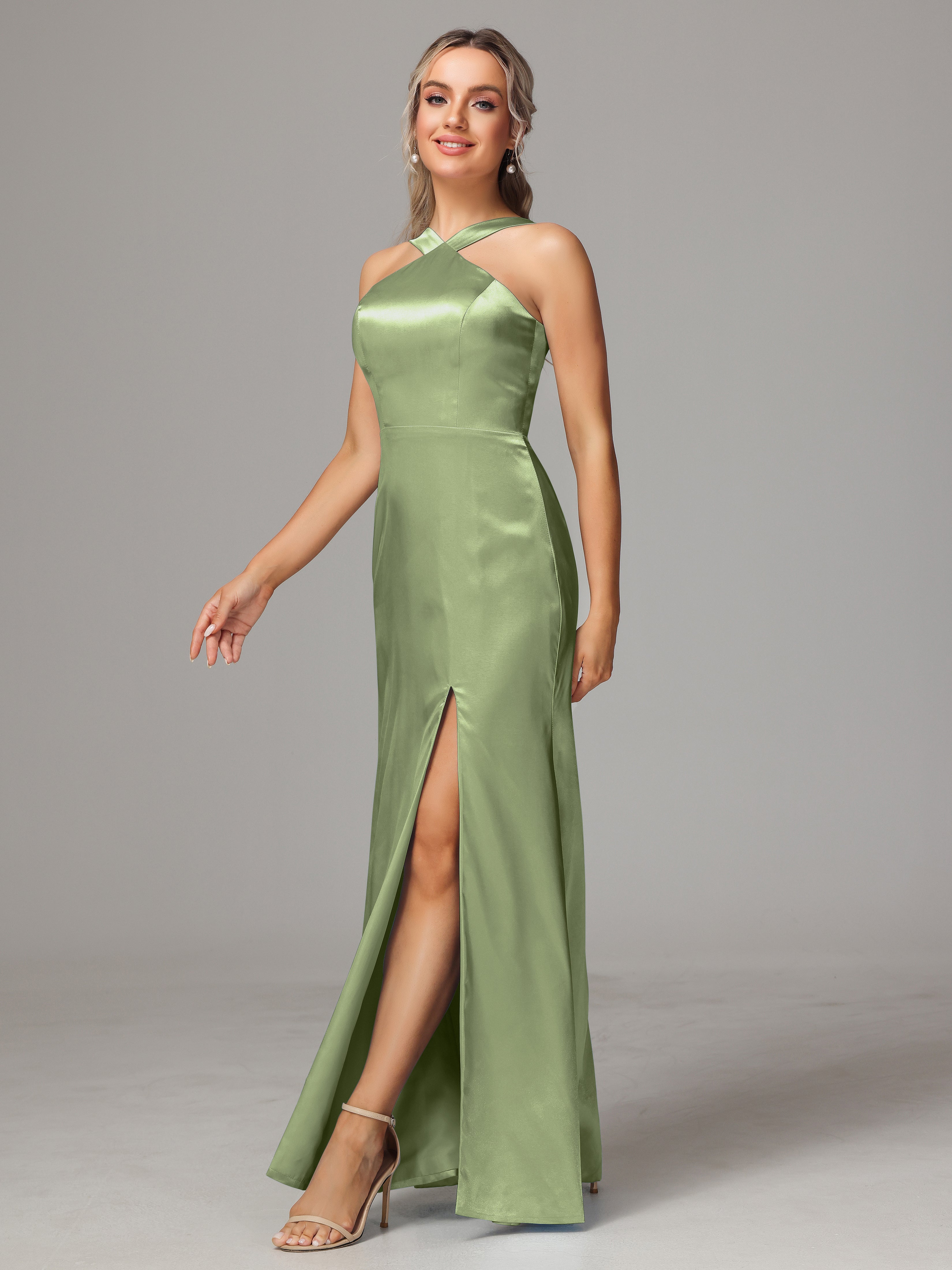 Sleeveless Lace Up Soft Satin Bridesmaid Dresses With Split
