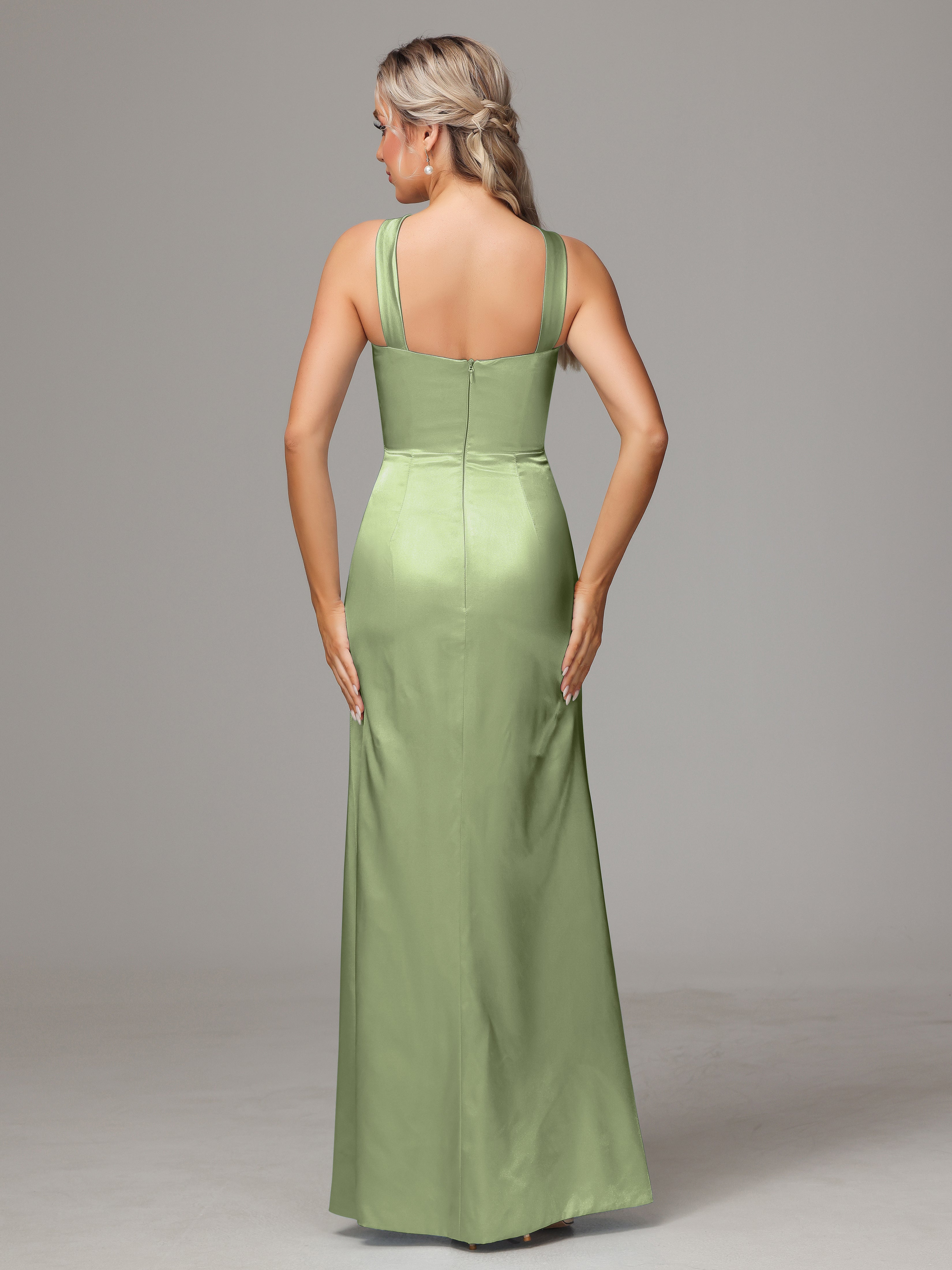 Sleeveless Lace Up Soft Satin Bridesmaid Dresses With Split