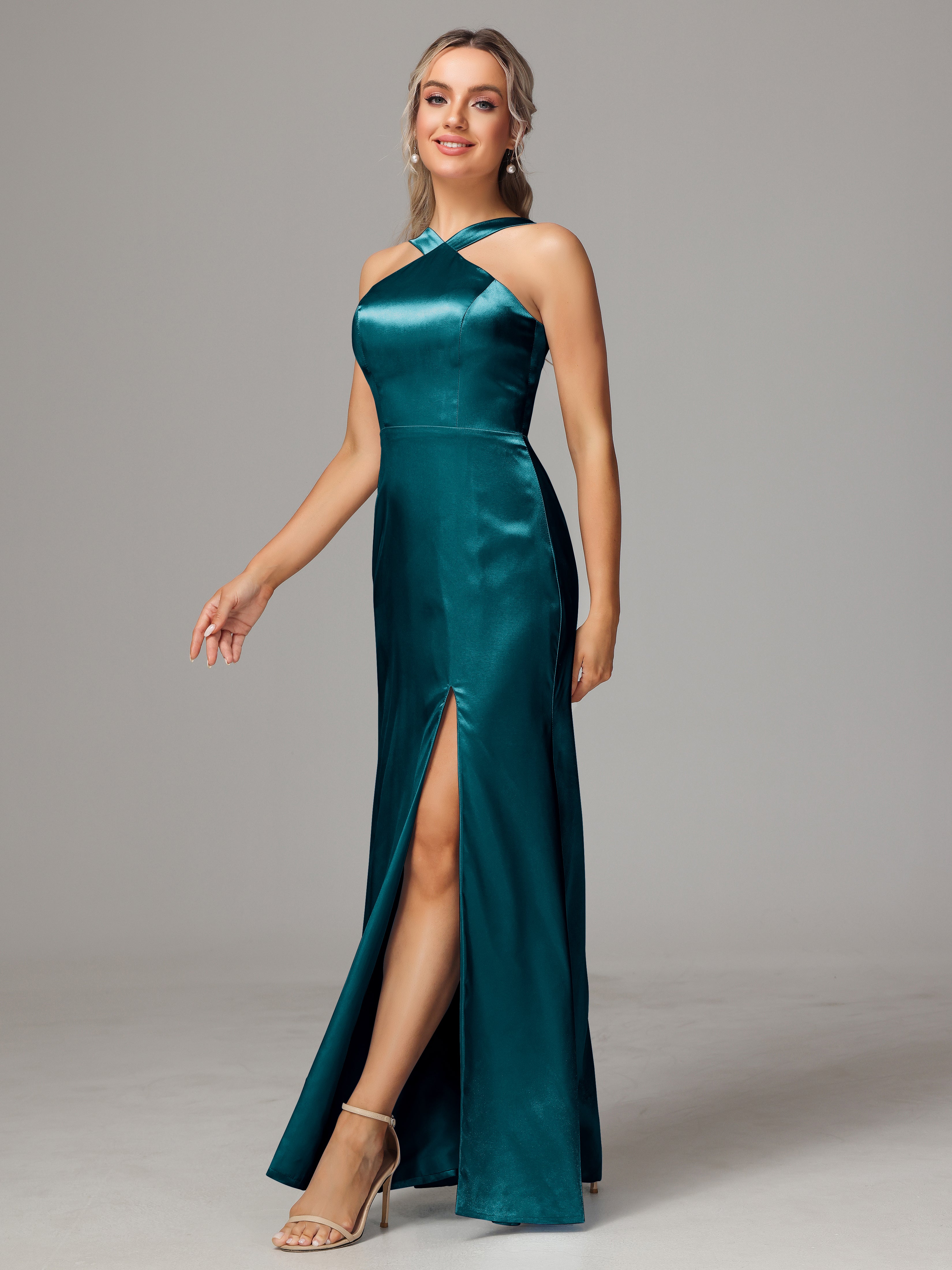 Sleeveless Lace Up Soft Satin Bridesmaid Dresses With Split
