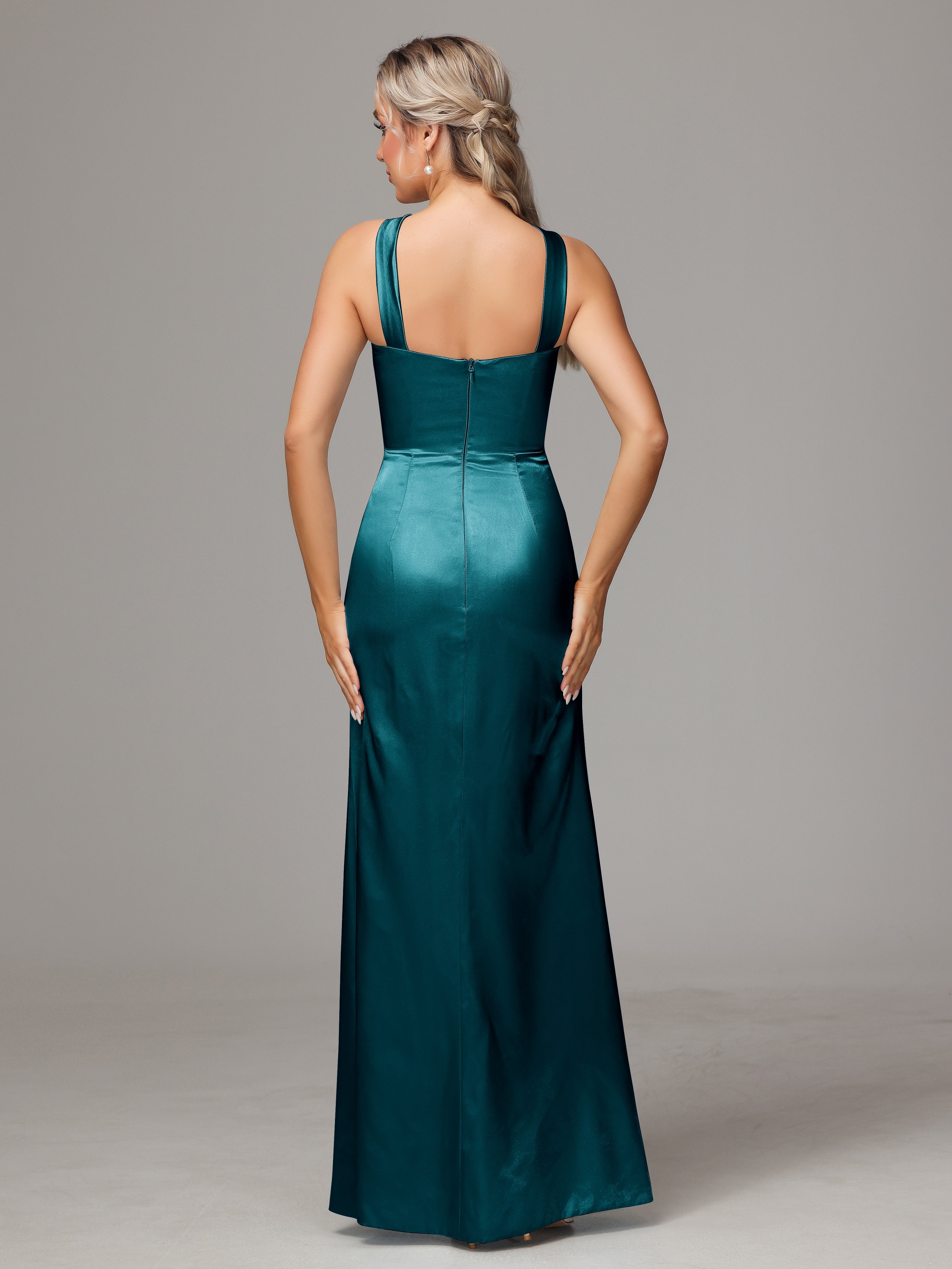 Sleeveless Lace Up Soft Satin Bridesmaid Dresses With Split