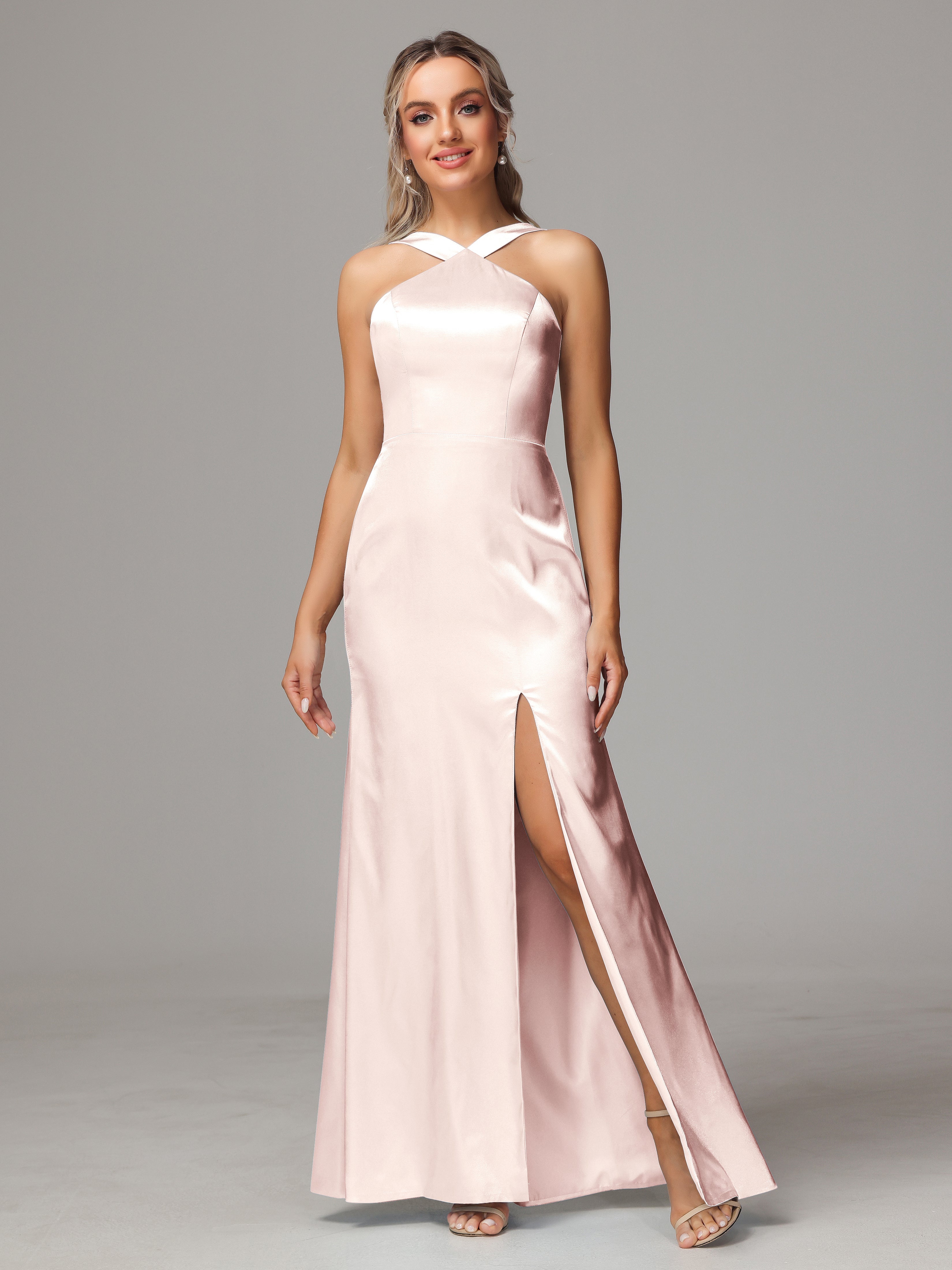 Sleeveless Lace Up Soft Satin Bridesmaid Dresses With Split