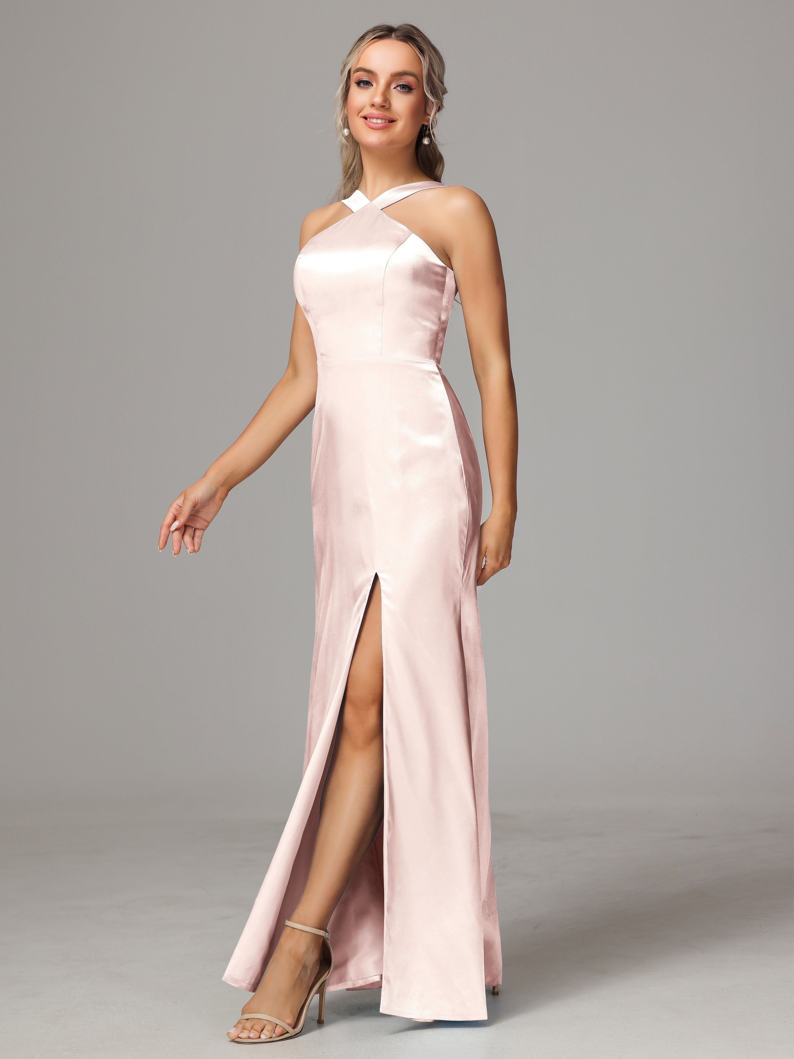 Sleeveless Lace Up Soft Satin Bridesmaid Dresses With Split