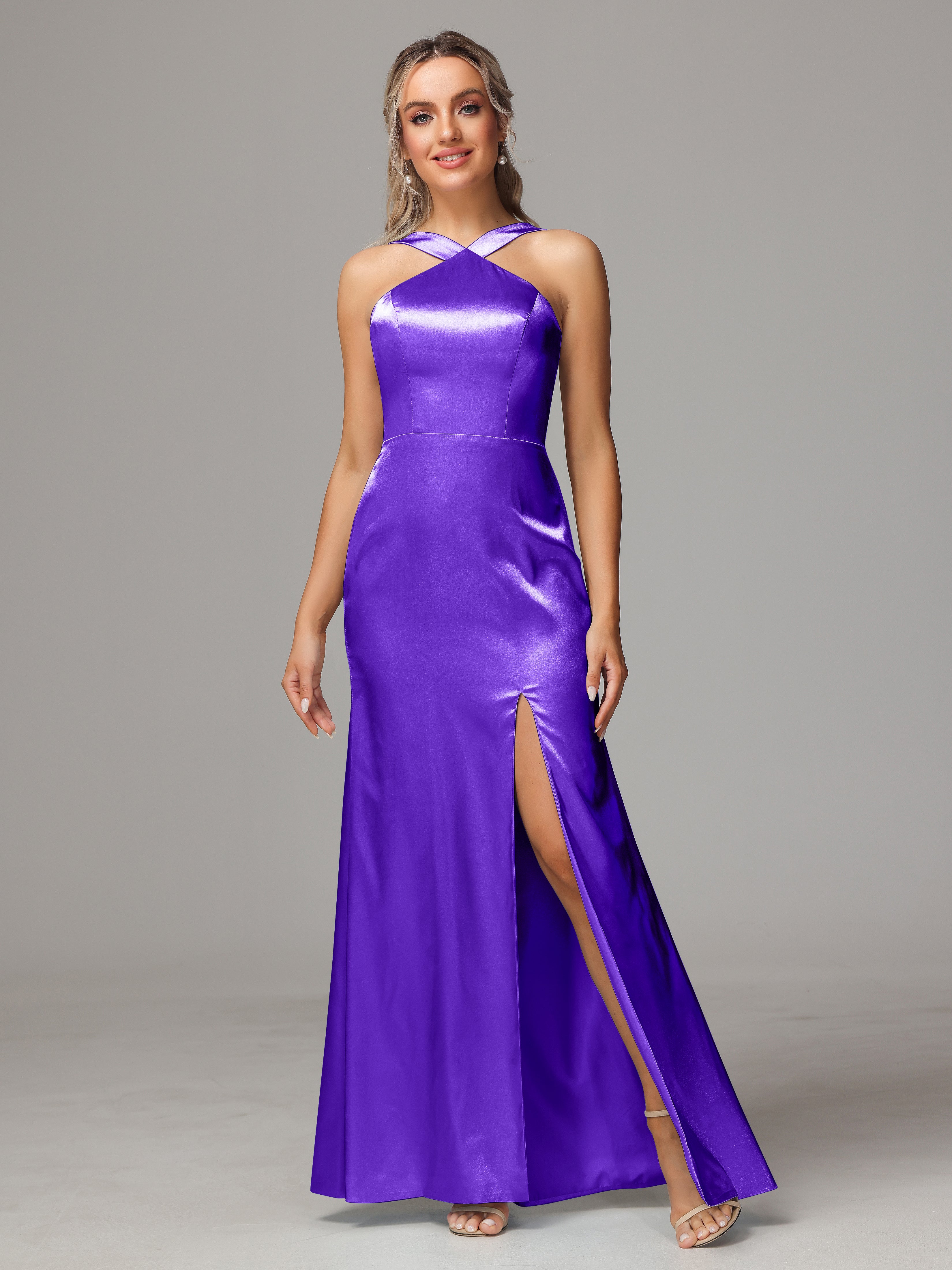 Sleeveless Lace Up Soft Satin Bridesmaid Dresses With Split