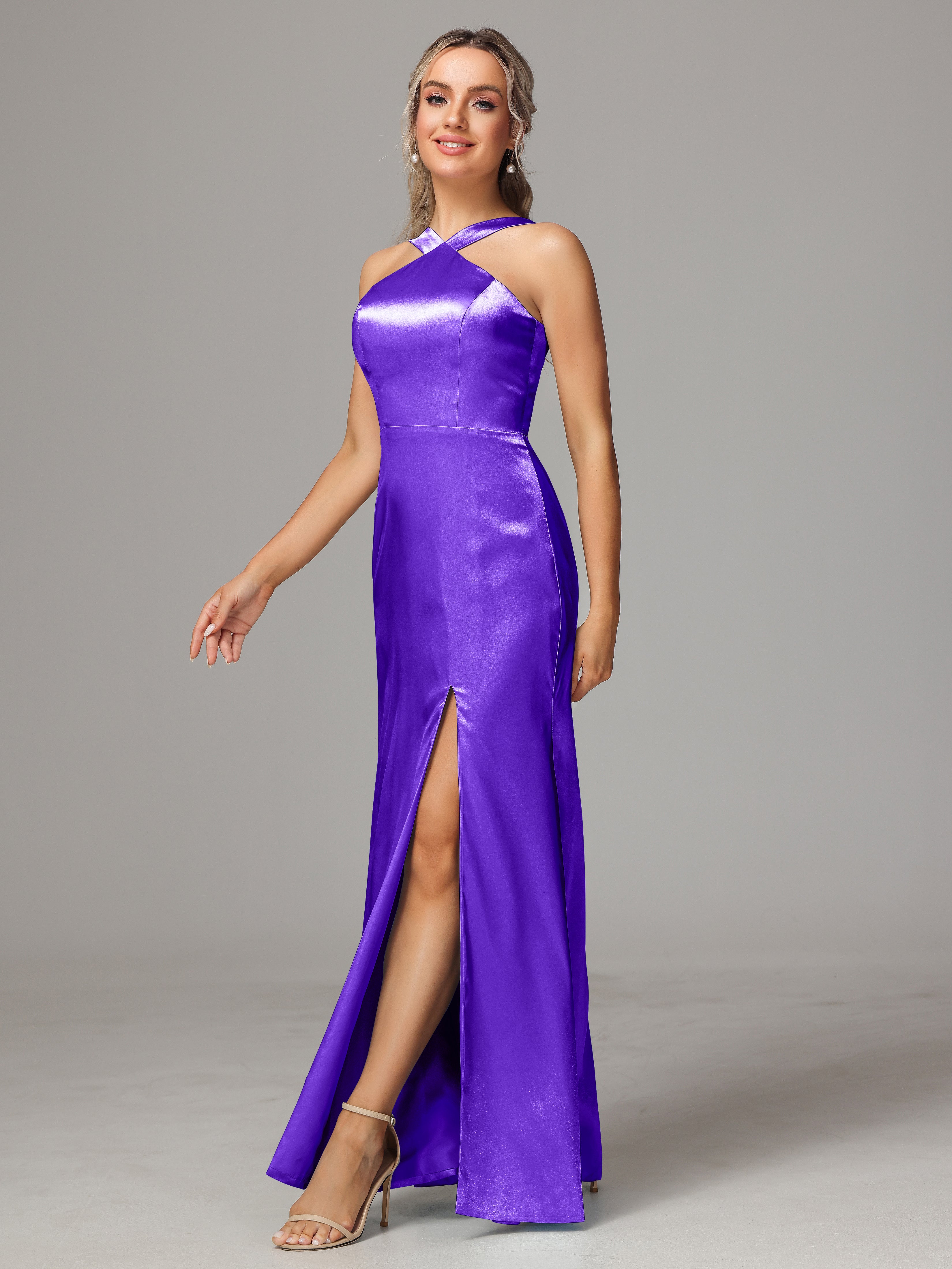 Sleeveless Lace Up Soft Satin Bridesmaid Dresses With Split