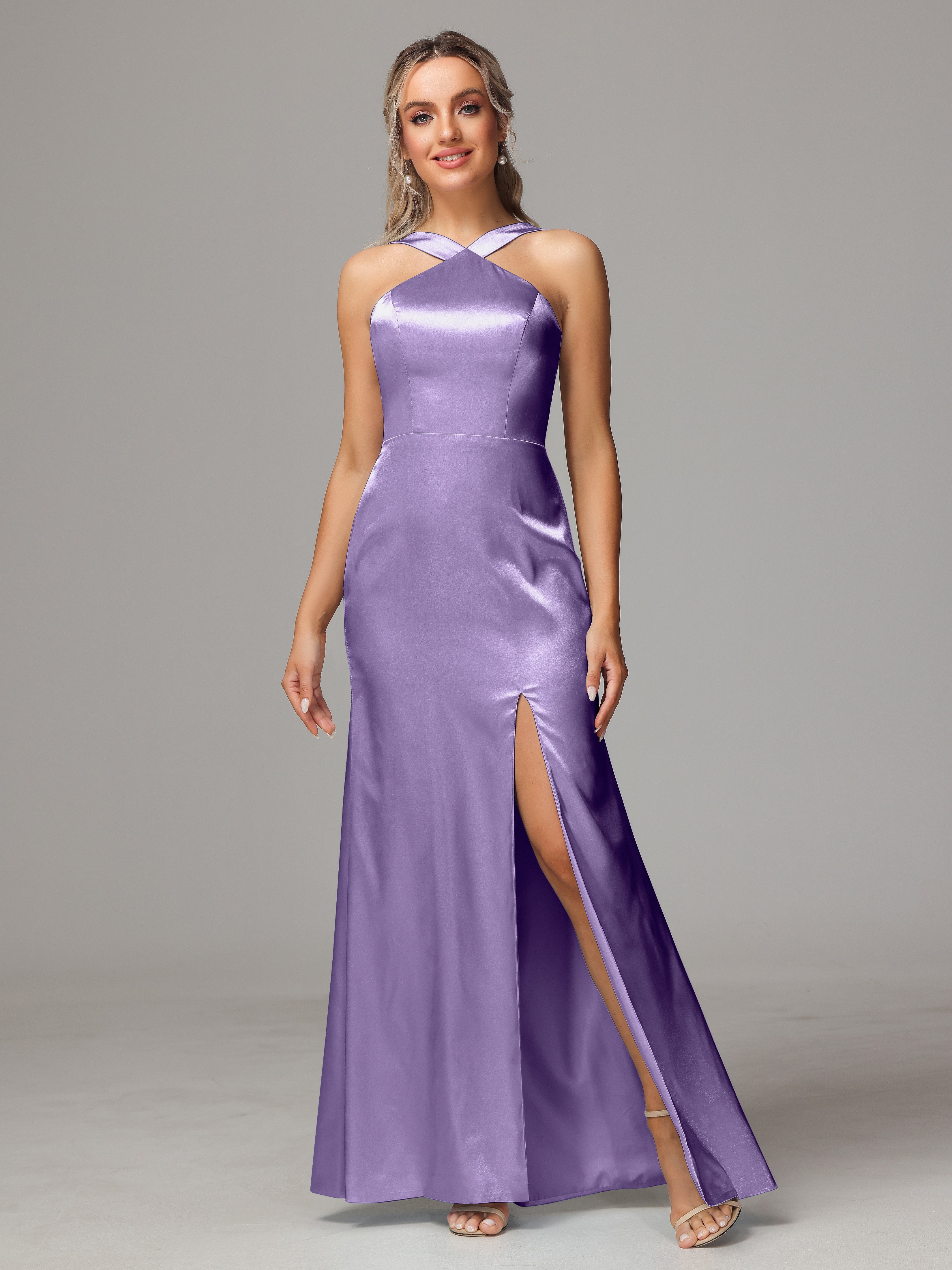 Sleeveless Lace Up Soft Satin Bridesmaid Dresses With Split