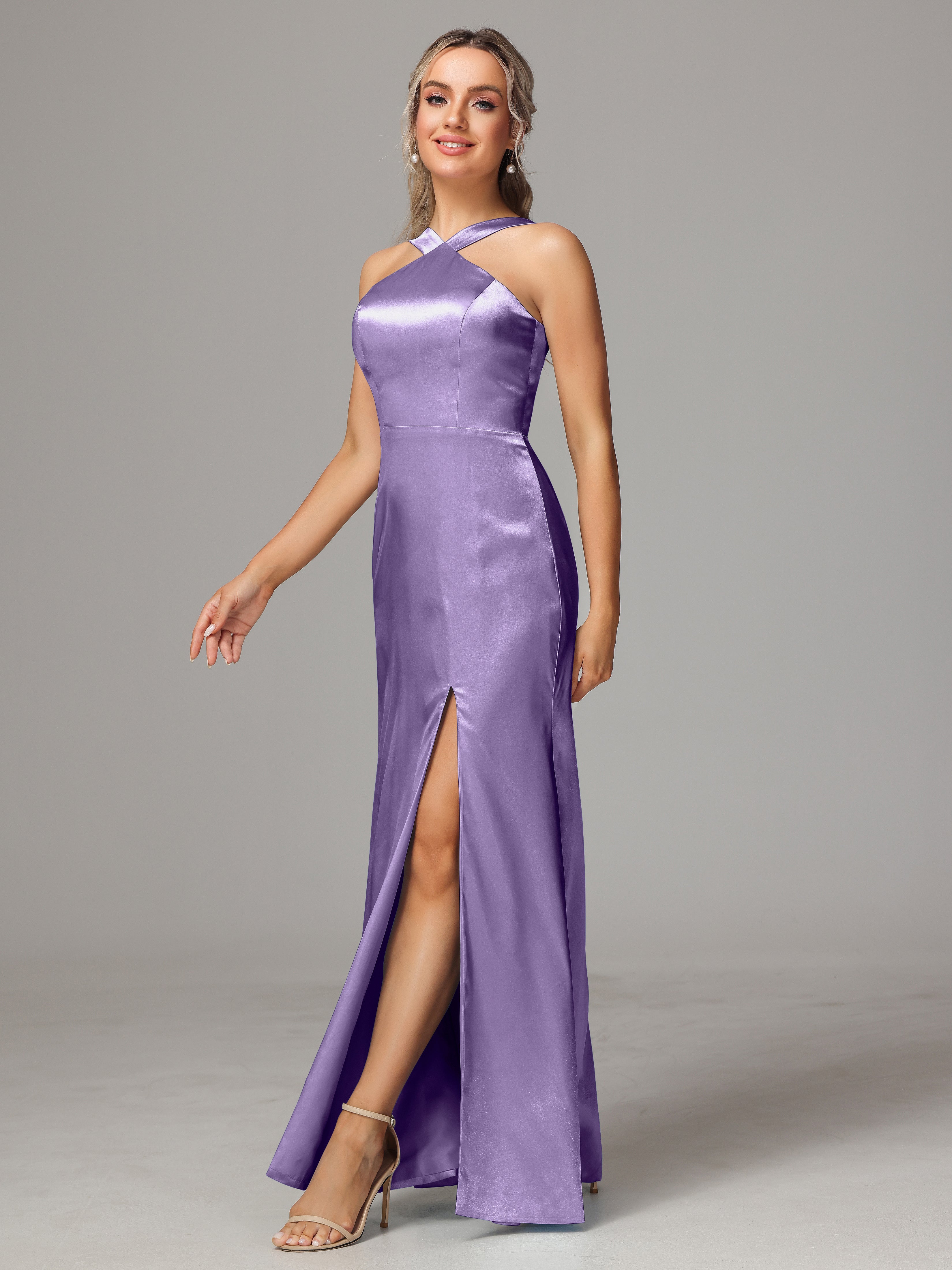 Sleeveless Lace Up Soft Satin Bridesmaid Dresses With Split