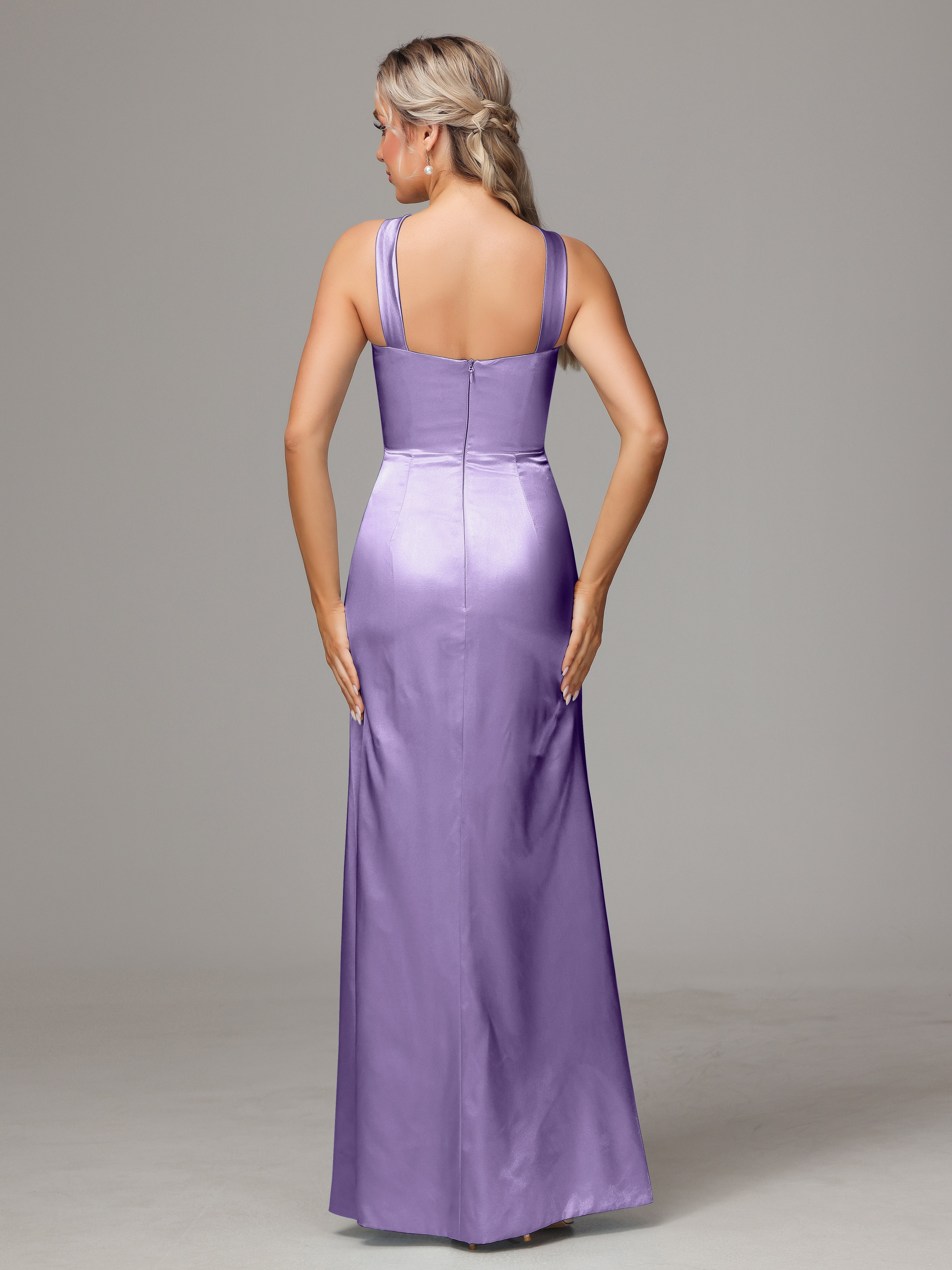 Sleeveless Lace Up Soft Satin Bridesmaid Dresses With Split