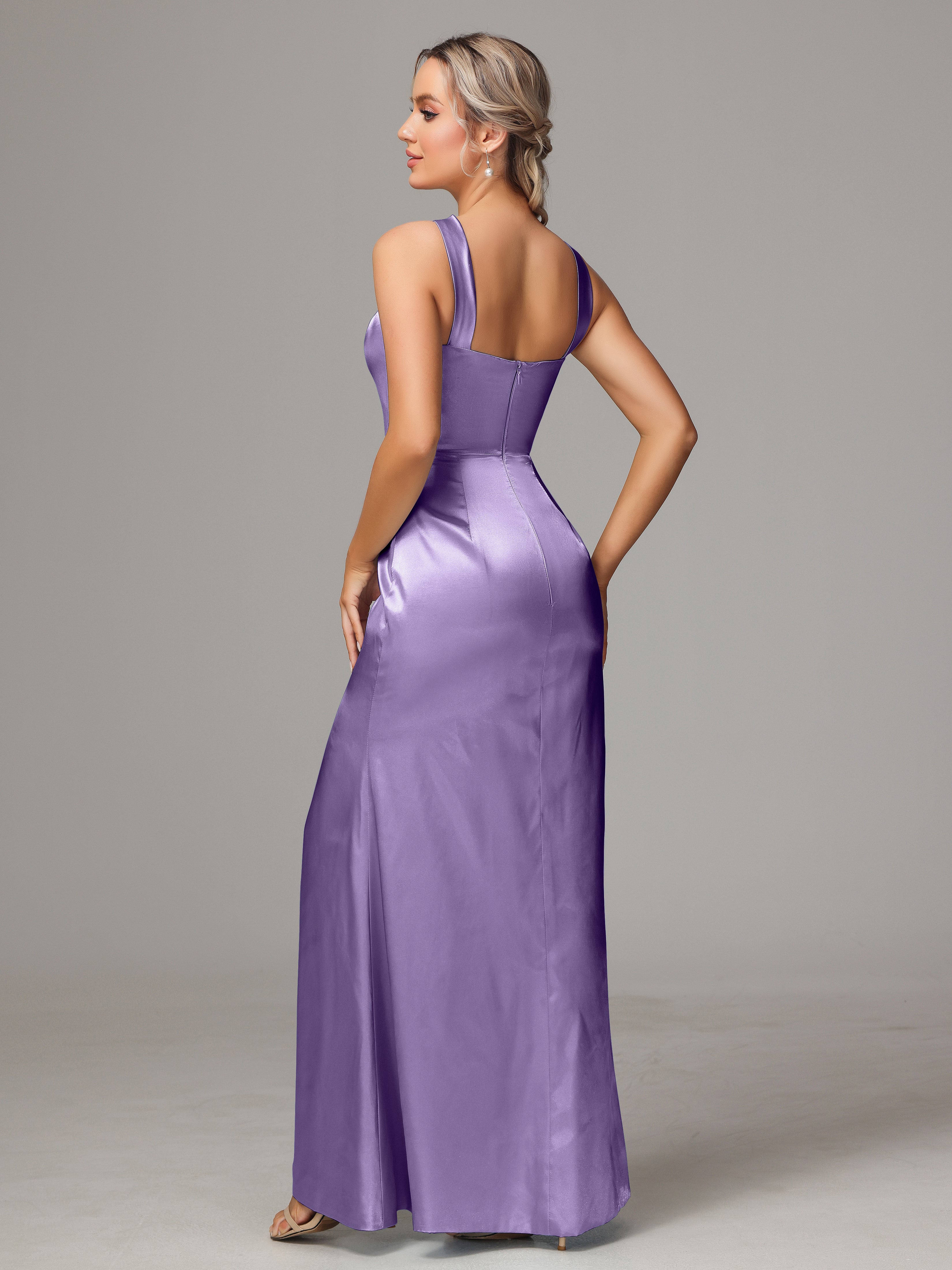 Sleeveless Lace Up Soft Satin Bridesmaid Dresses With Split