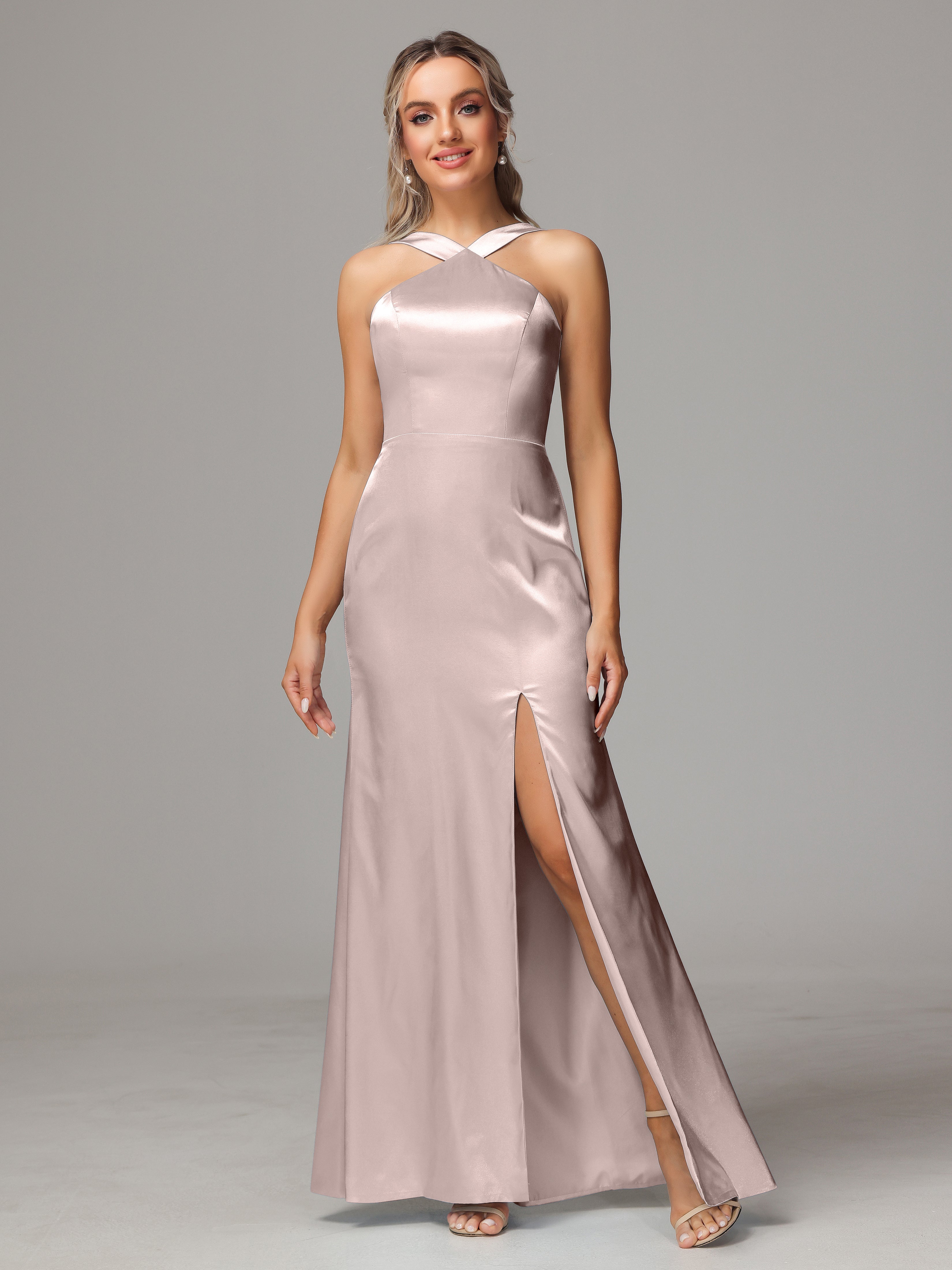 Sleeveless Lace Up Soft Satin Bridesmaid Dresses With Split