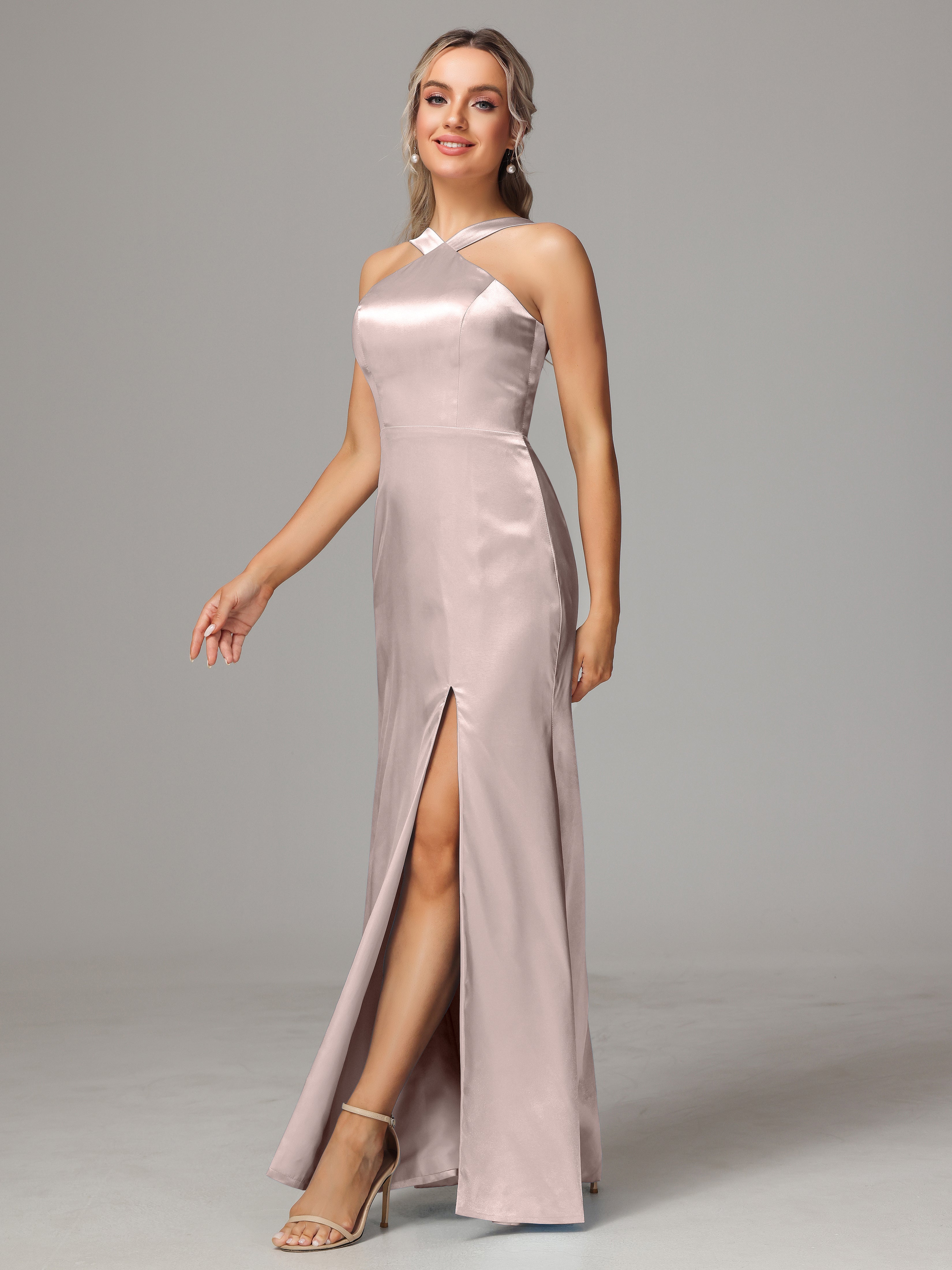 Sleeveless Lace Up Soft Satin Bridesmaid Dresses With Split