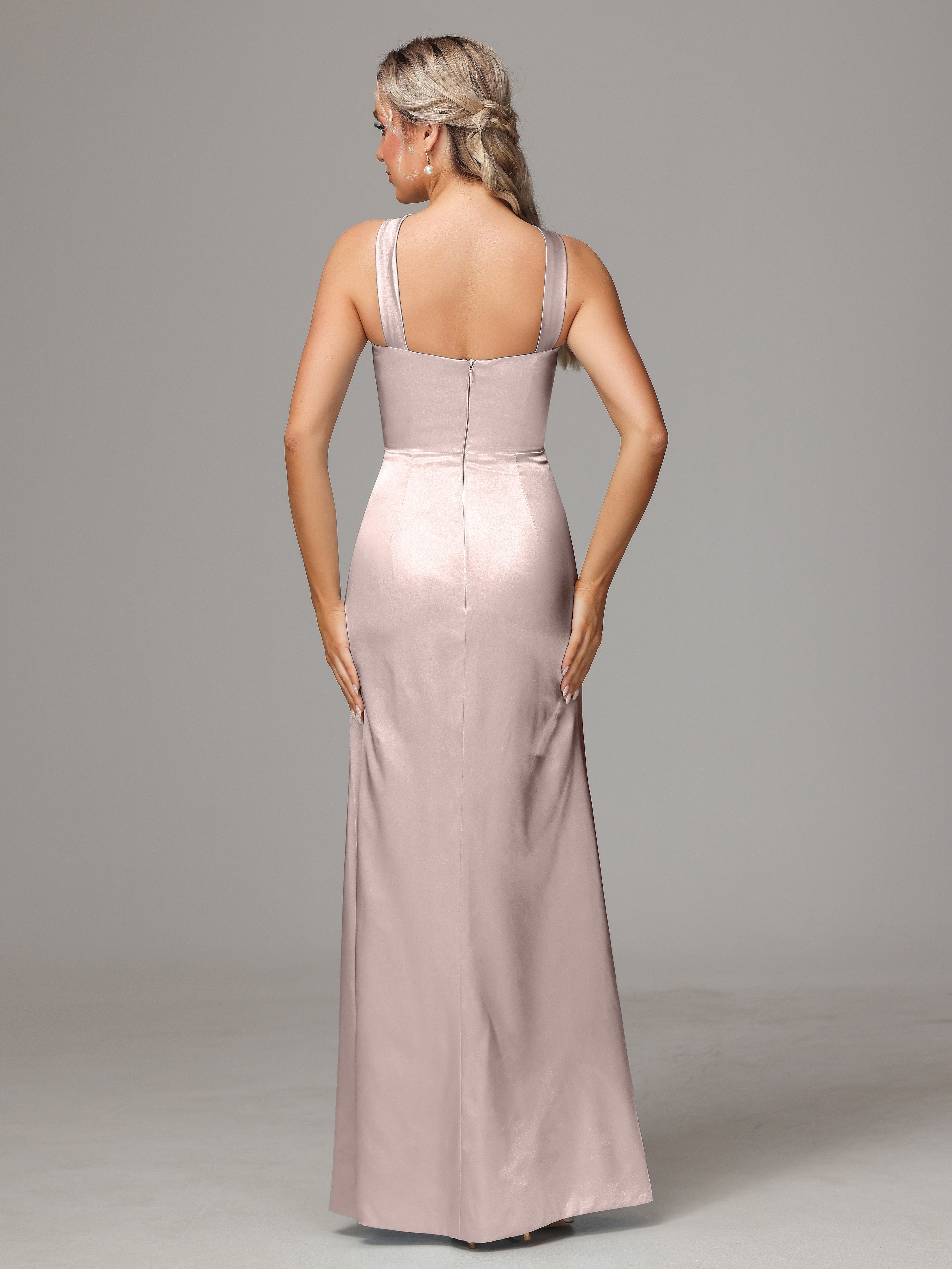 Sleeveless Lace Up Soft Satin Bridesmaid Dresses With Split