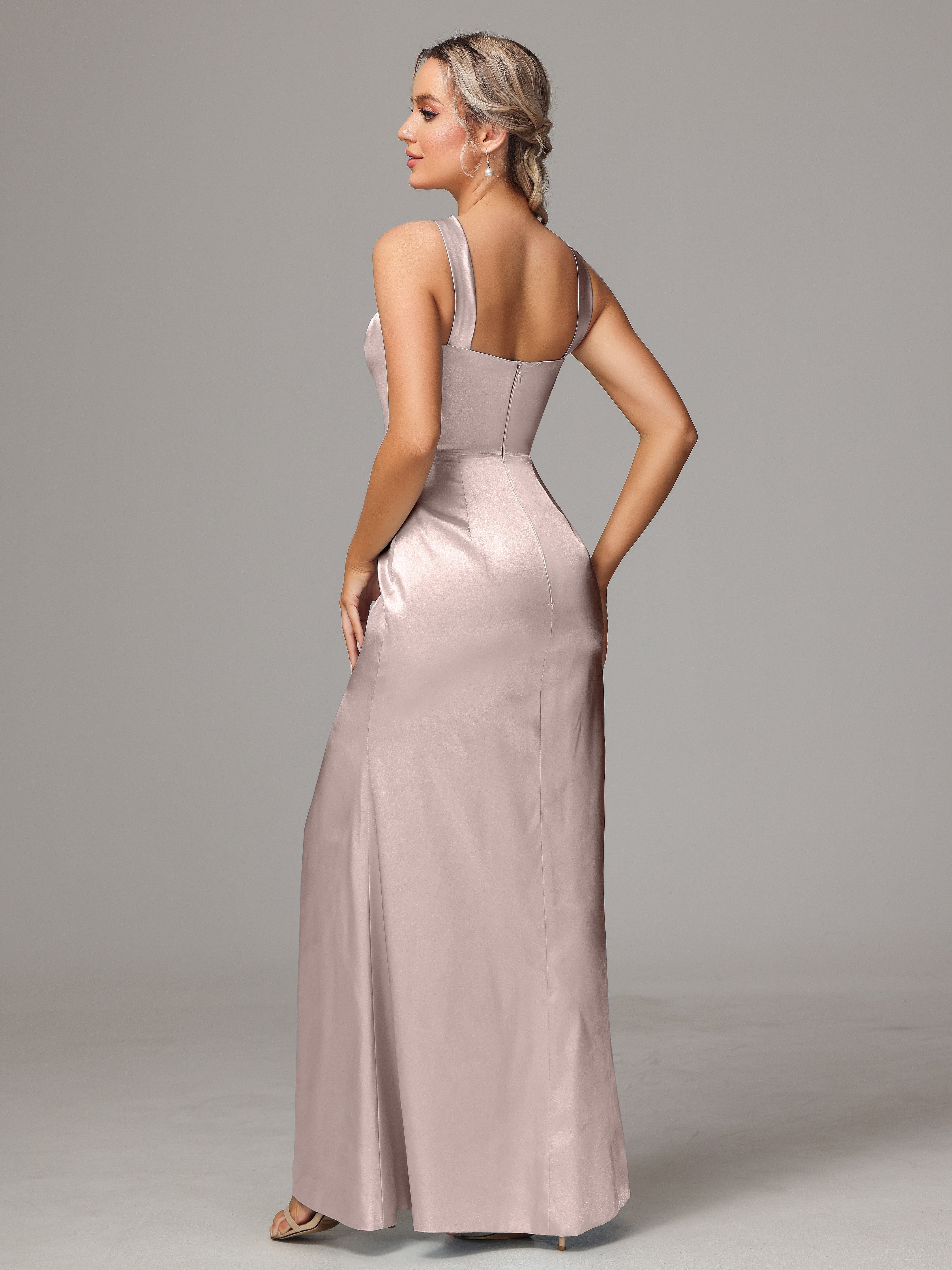 Sleeveless Lace Up Soft Satin Bridesmaid Dresses With Split