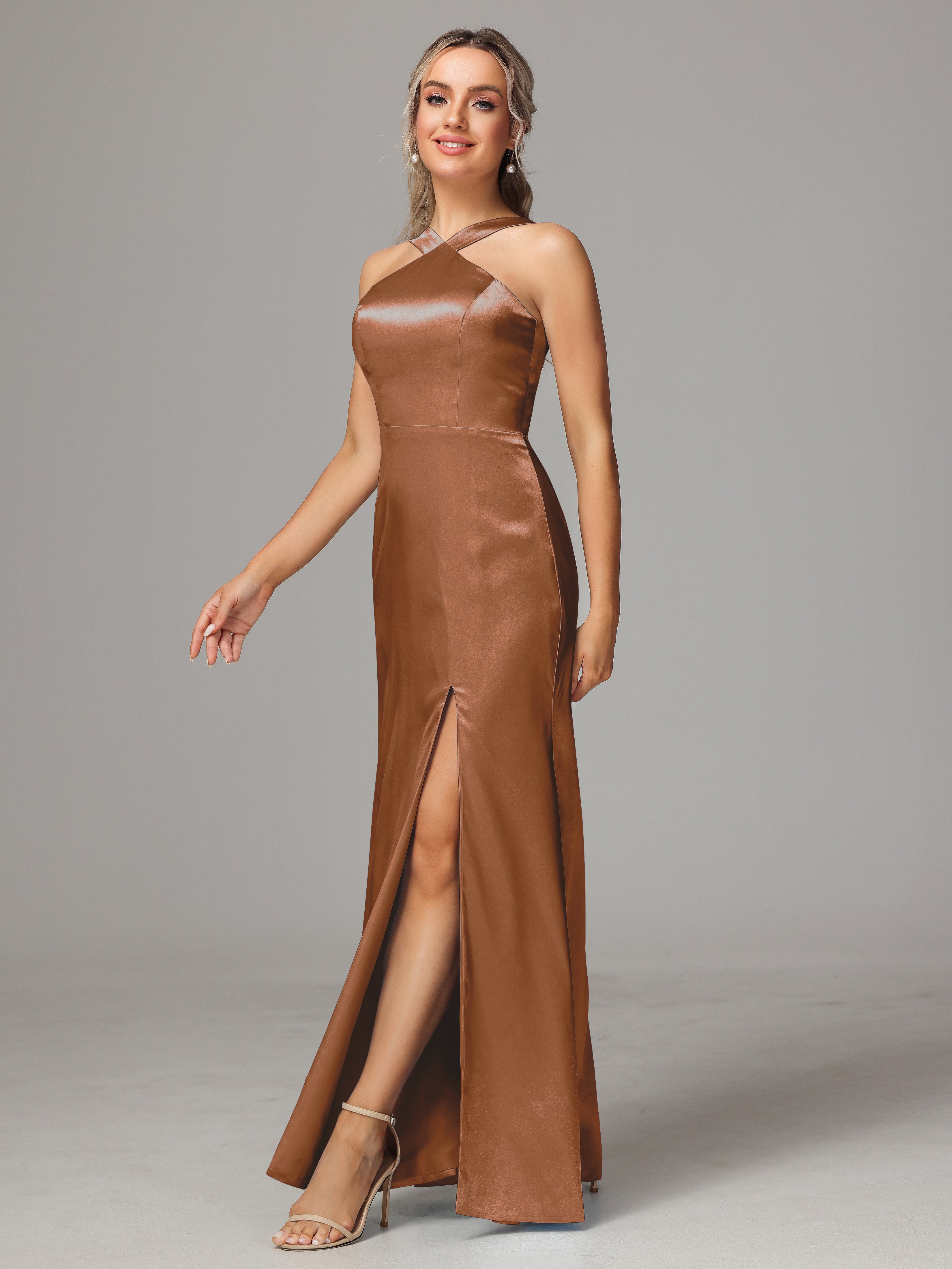Sleeveless Lace Up Soft Satin Bridesmaid Dresses With Split