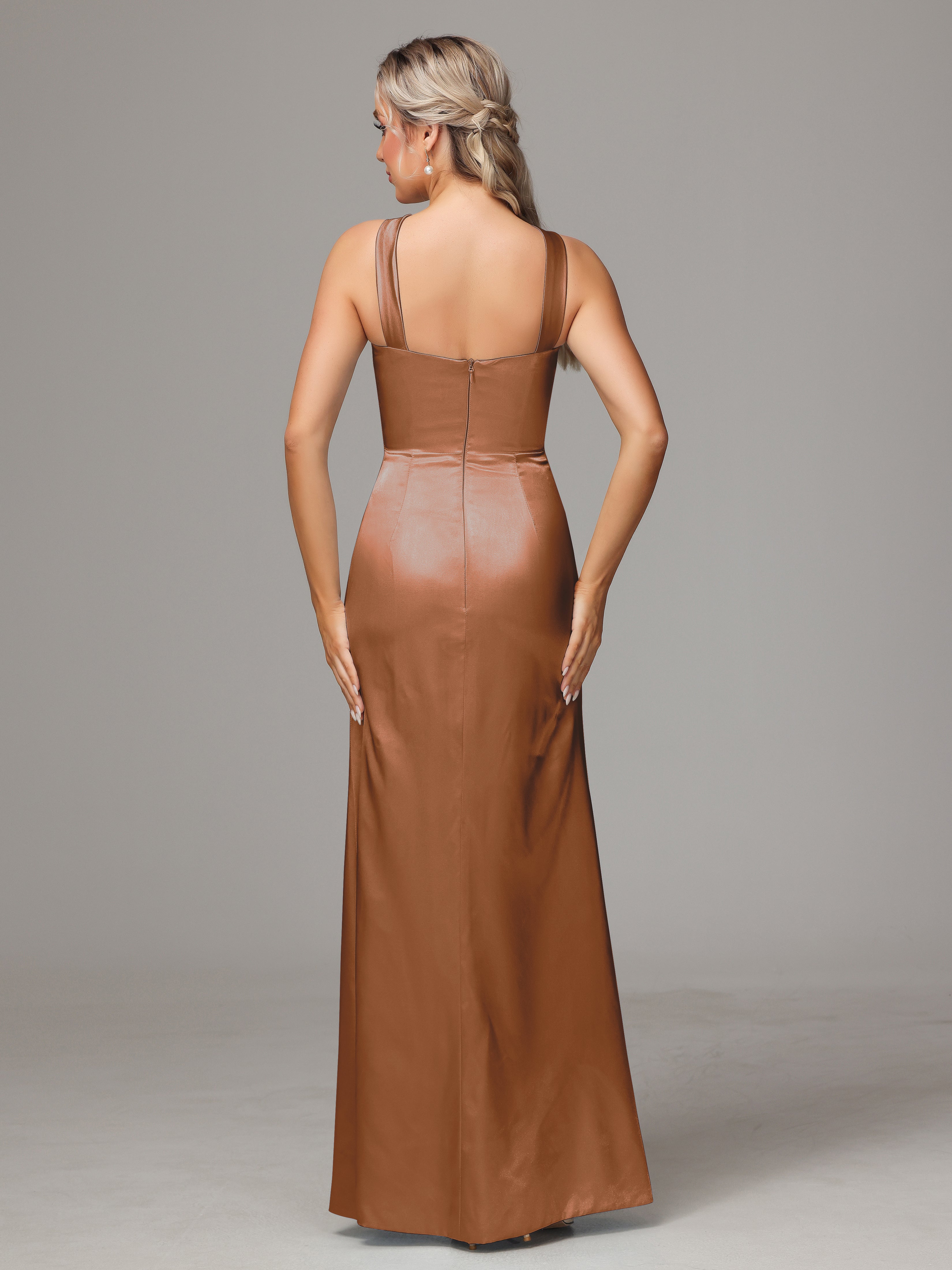 Sleeveless Lace Up Soft Satin Bridesmaid Dresses With Split