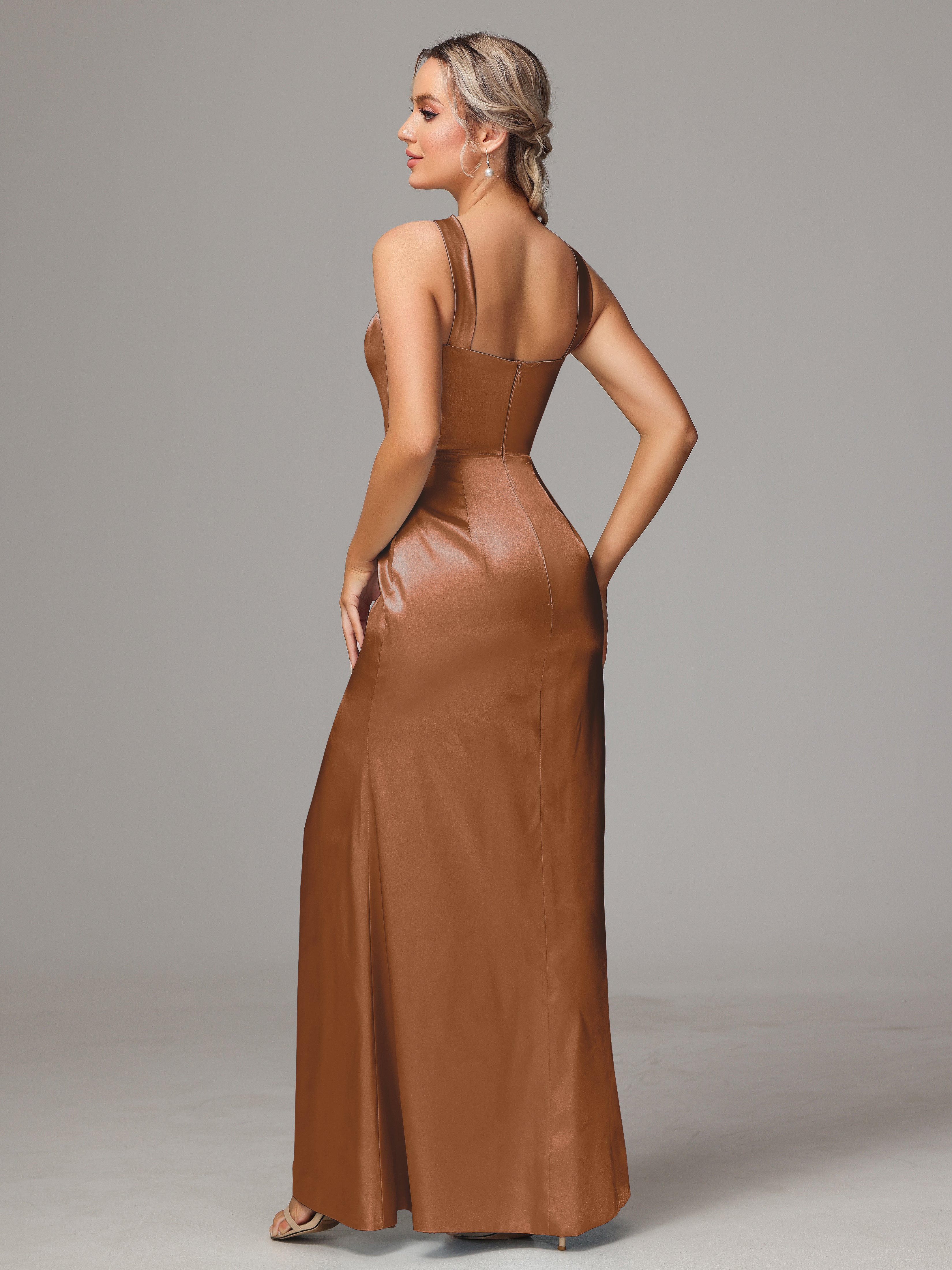 Sleeveless Lace Up Soft Satin Bridesmaid Dresses With Split