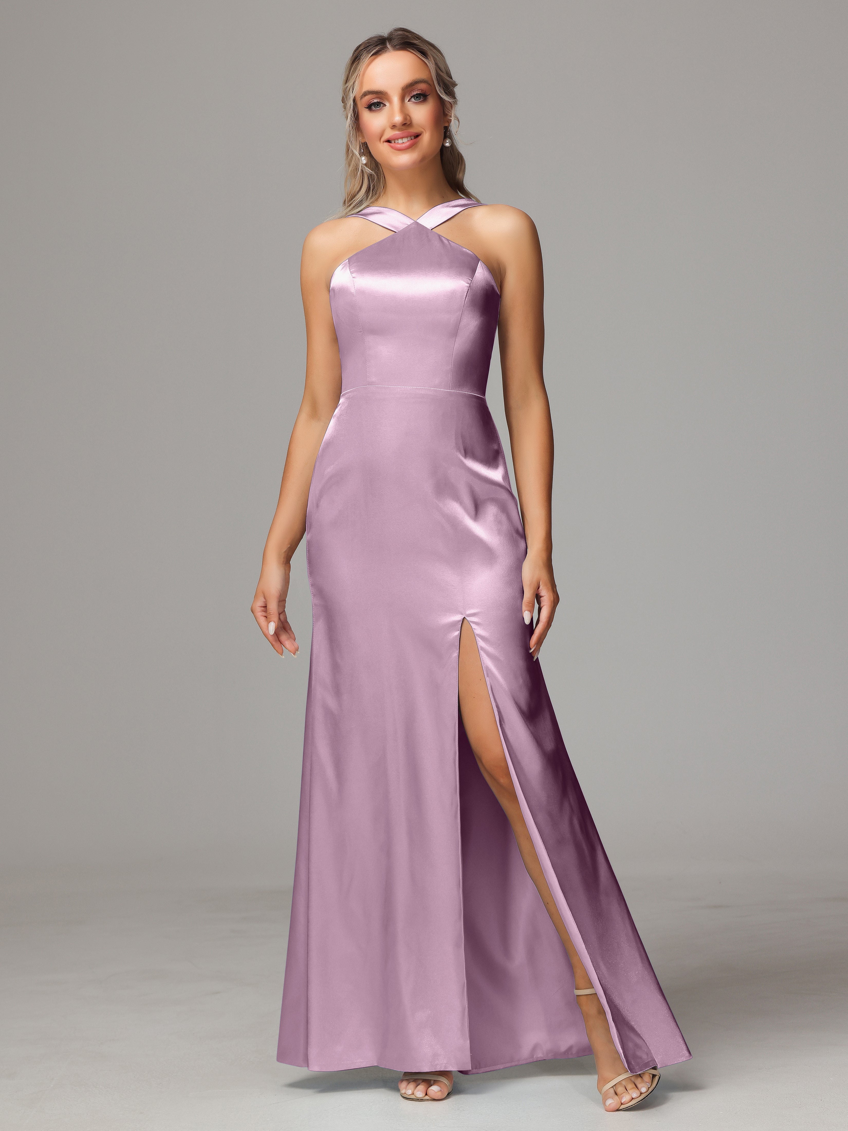Sleeveless Lace Up Soft Satin Bridesmaid Dresses With Split