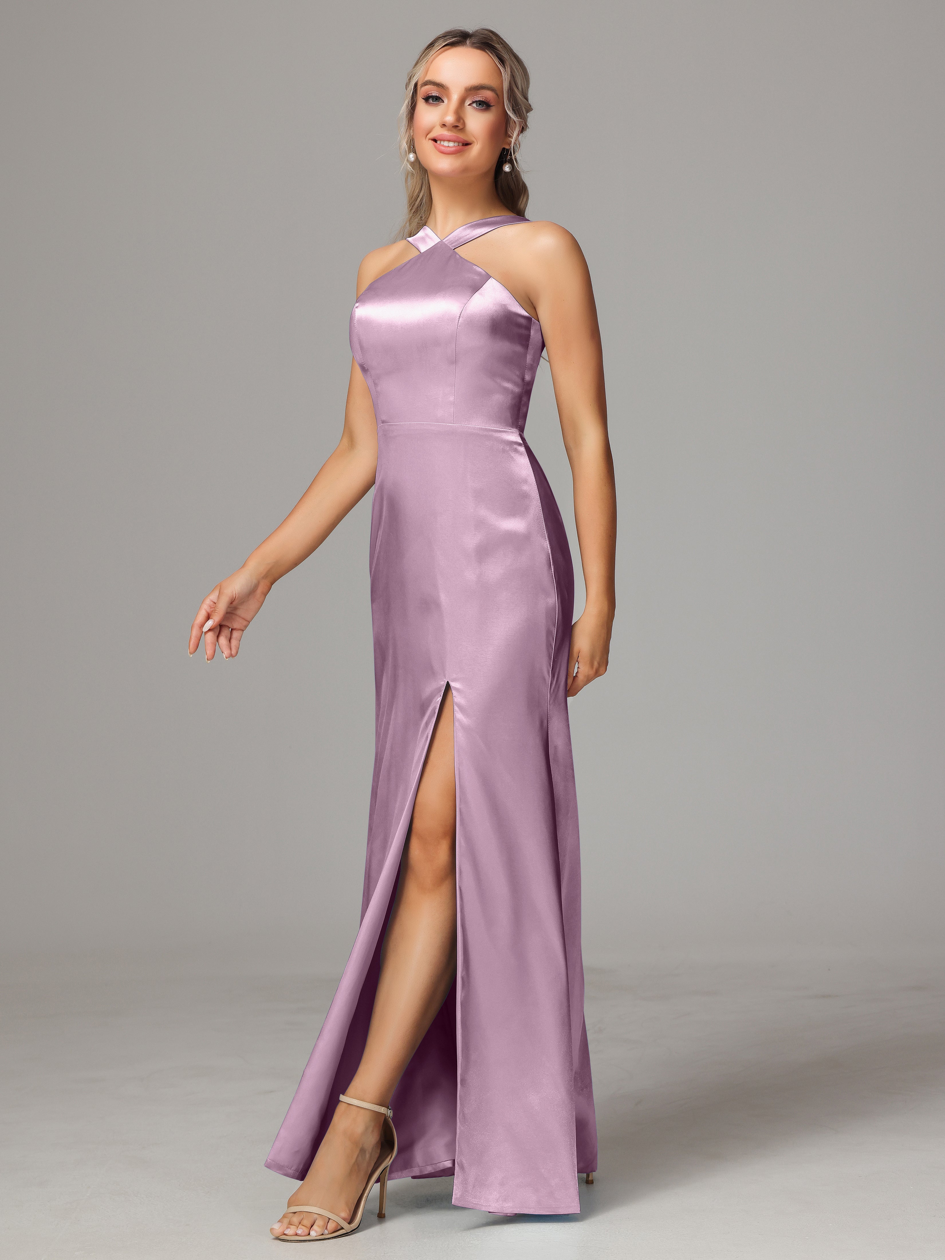 Sleeveless Lace Up Soft Satin Bridesmaid Dresses With Split