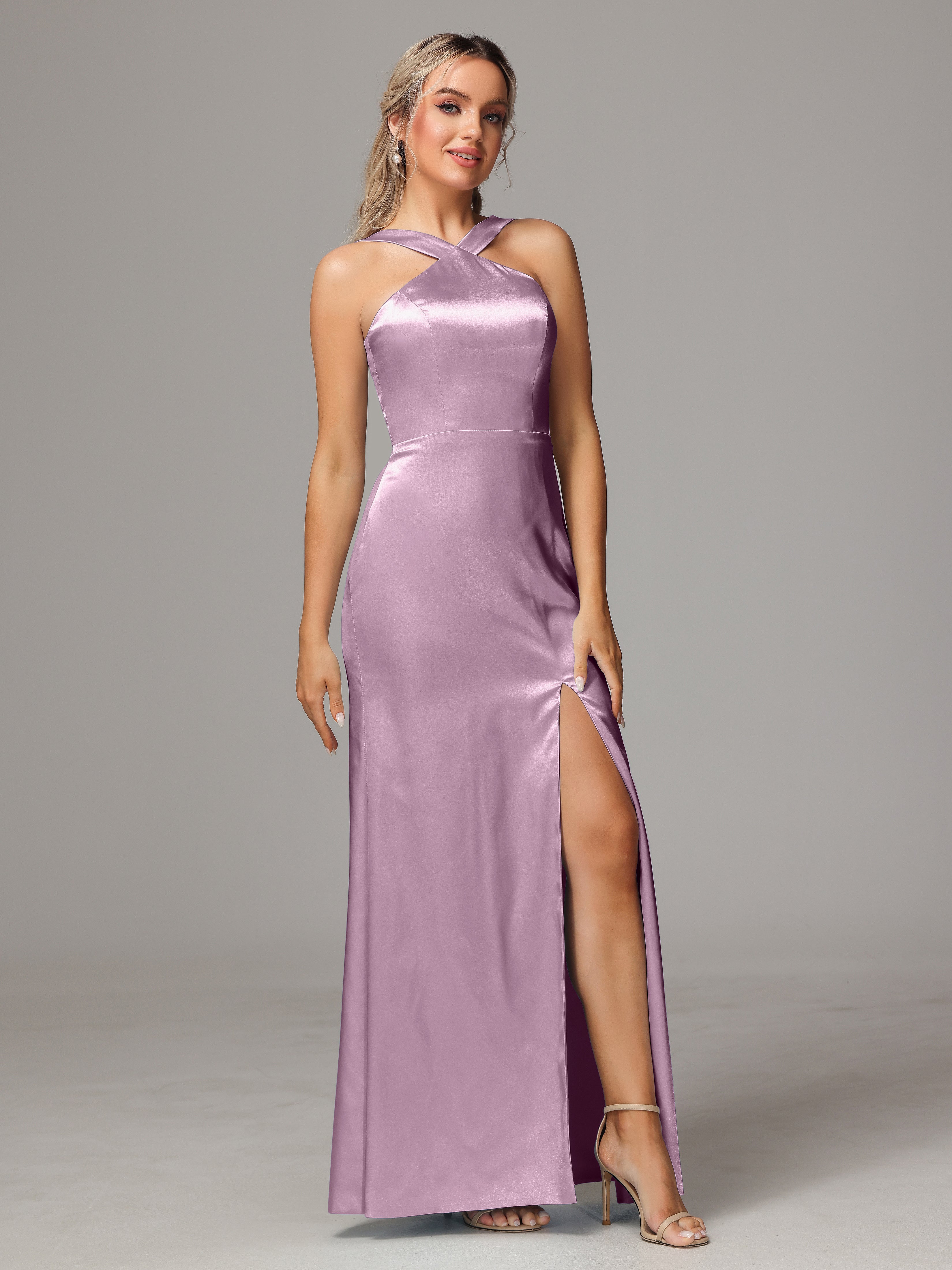 Sleeveless Lace Up Soft Satin Bridesmaid Dresses With Split