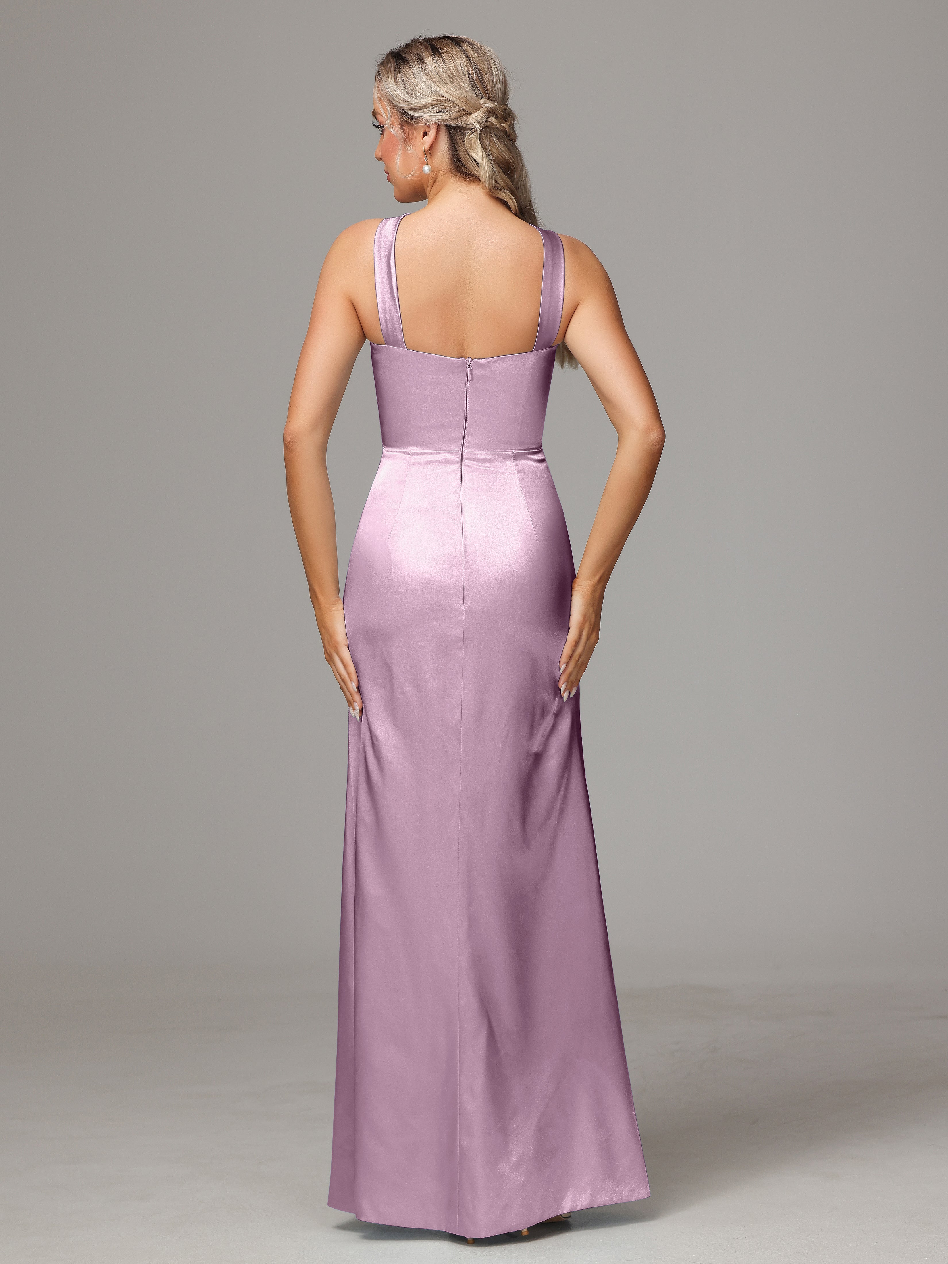 Sleeveless Lace Up Soft Satin Bridesmaid Dresses With Split