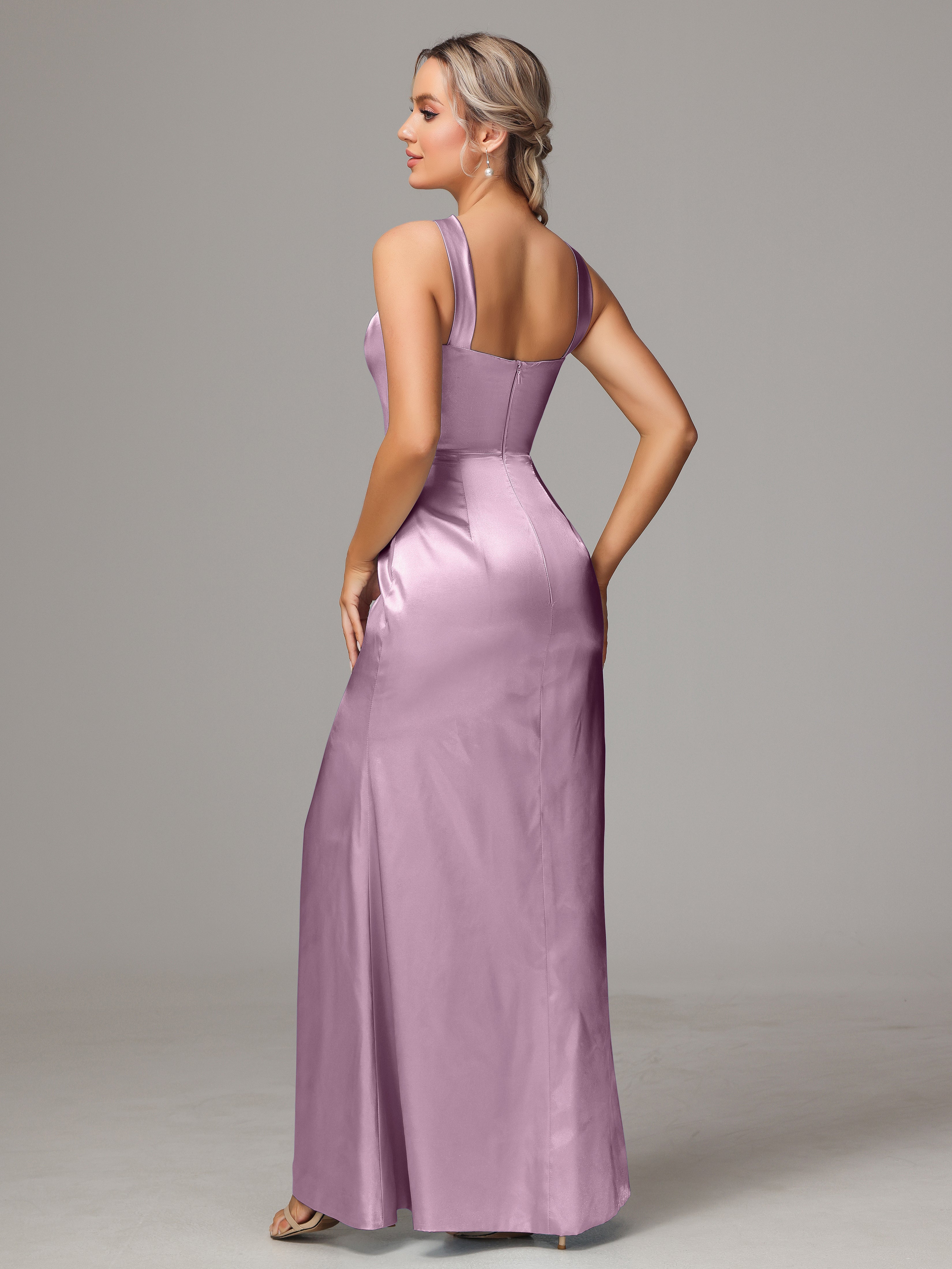 Sleeveless Lace Up Soft Satin Bridesmaid Dresses With Split