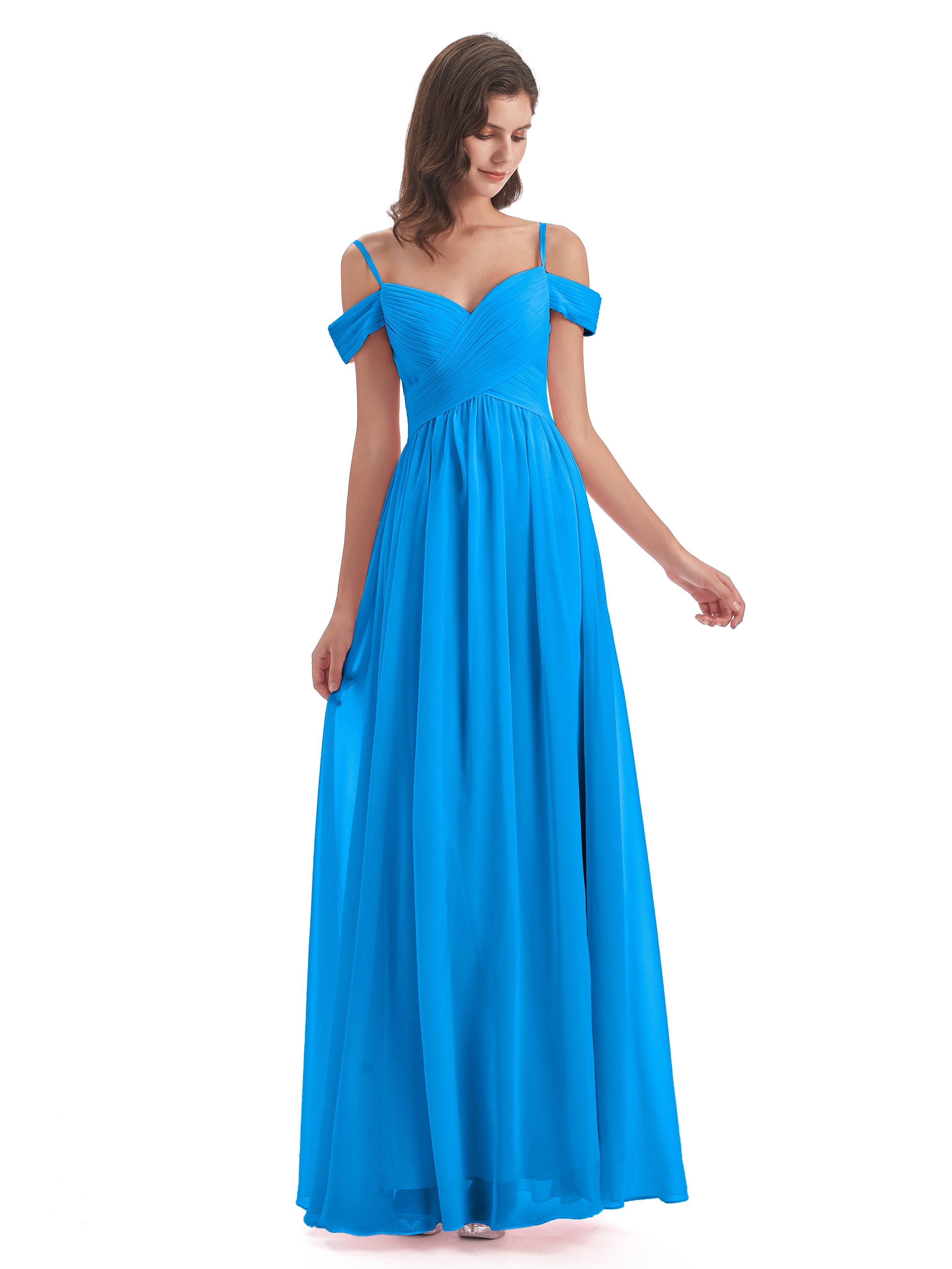 Ocean Blue Color Bridesmaid Dresses Gorgeous Chiffon Off The Shoulder