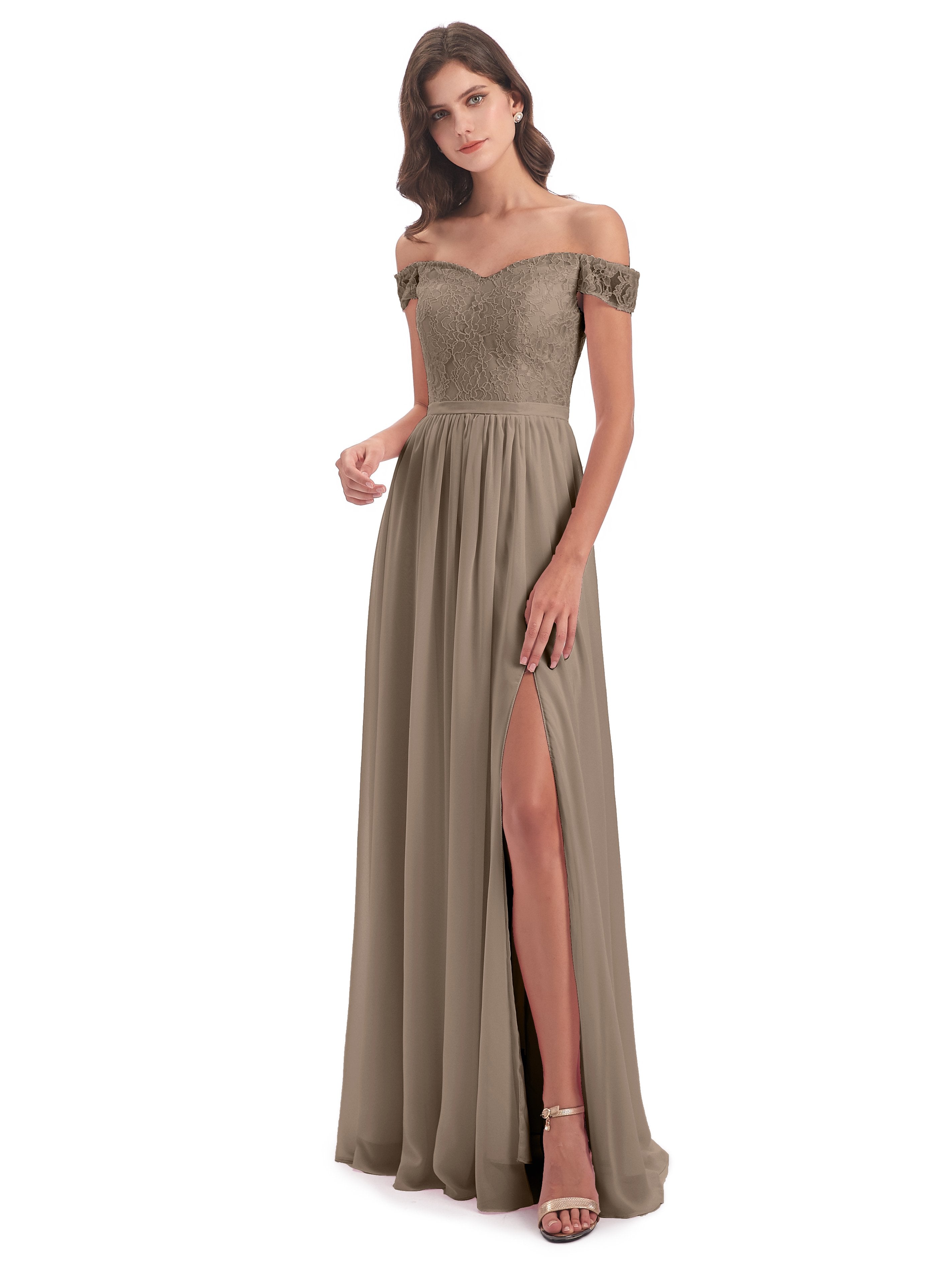 Bridesmaid Dress Taupe Charlotte Unique A-Line Split Floor Length Long