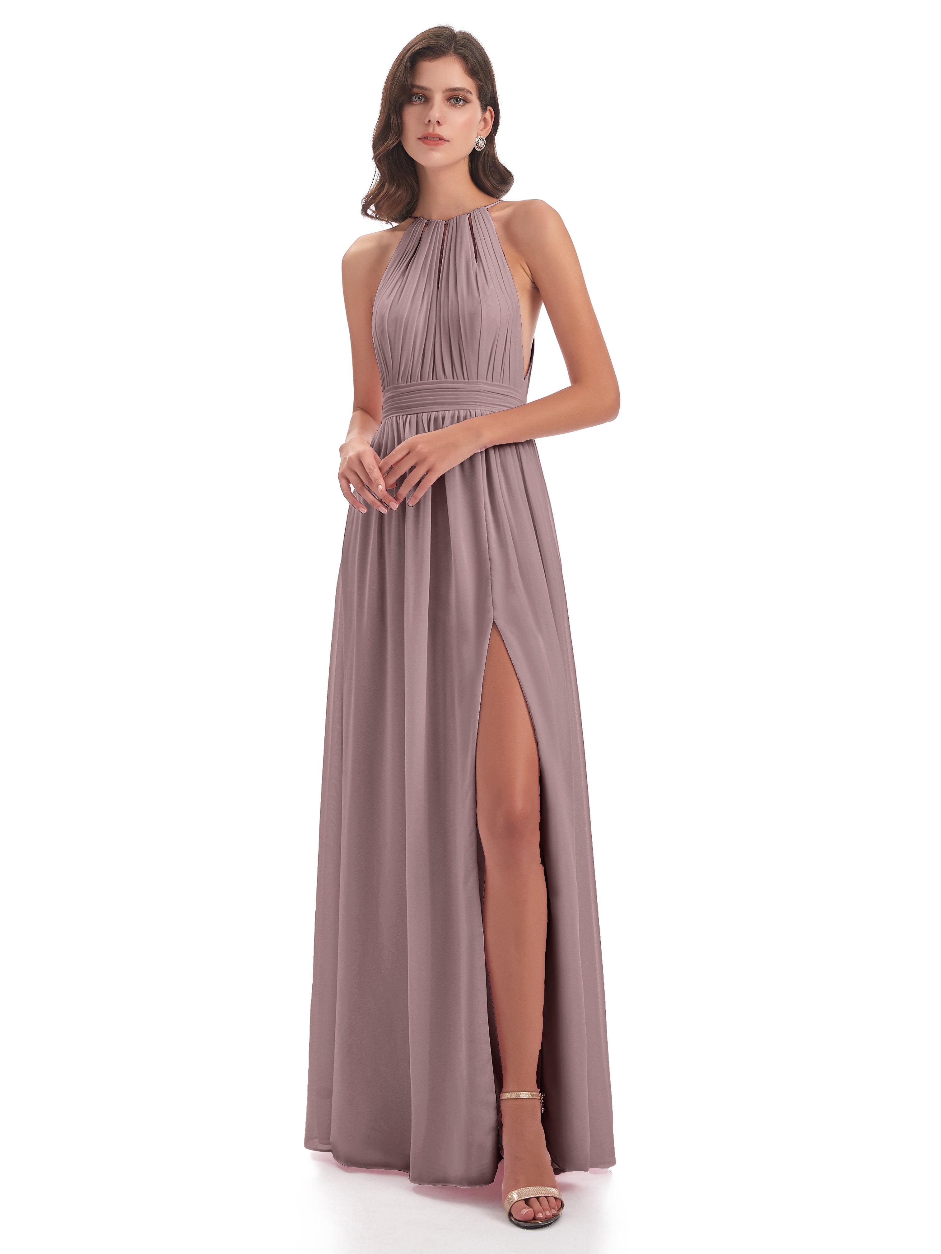 Vintage Mauve Bridesmaid Dress Harriet Exquisite Halter Split Long Chi