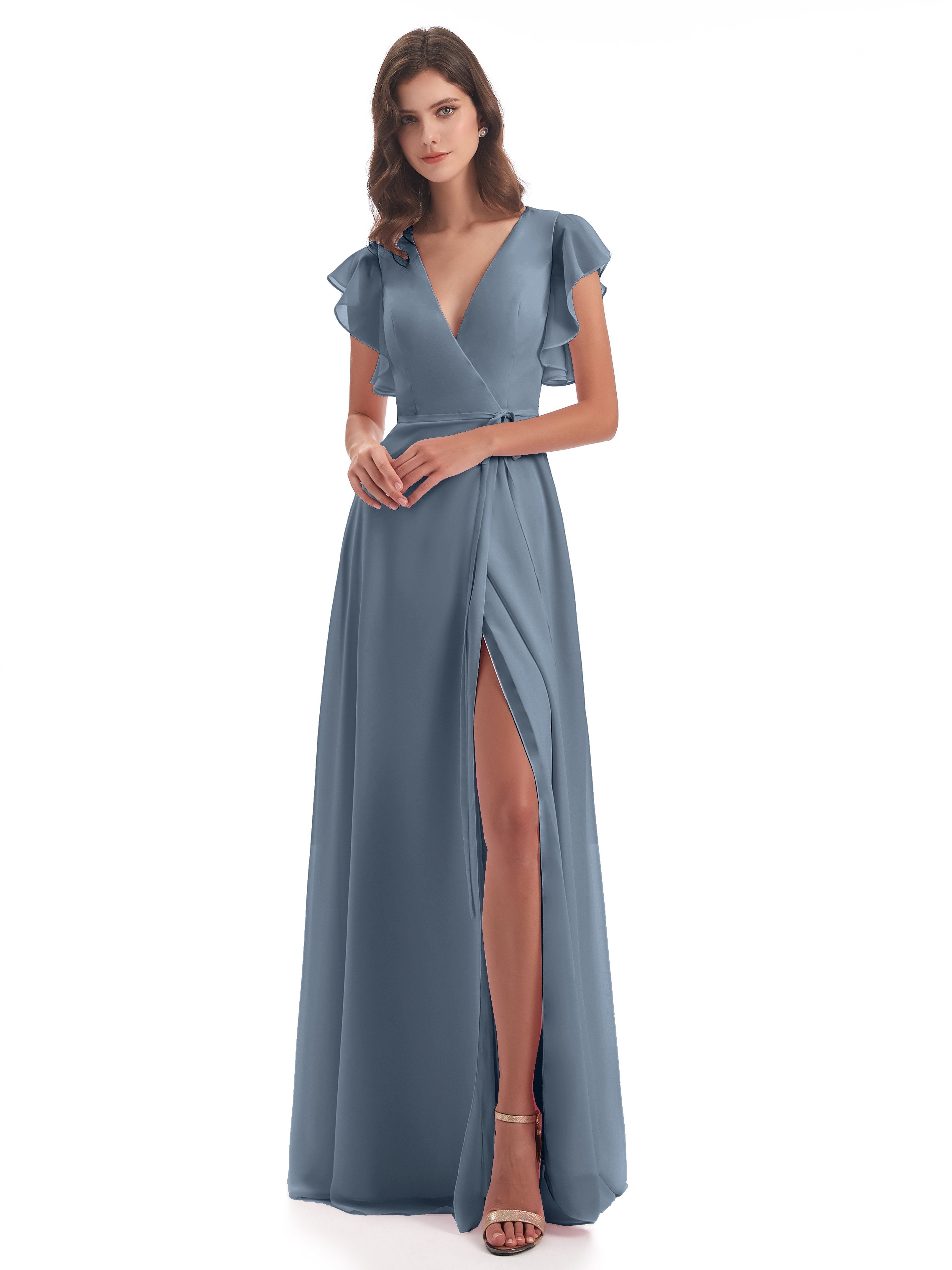 Dusky Blue Bridesmaid Dress Hope Charming V Neck Long Chiffon Bridesma
