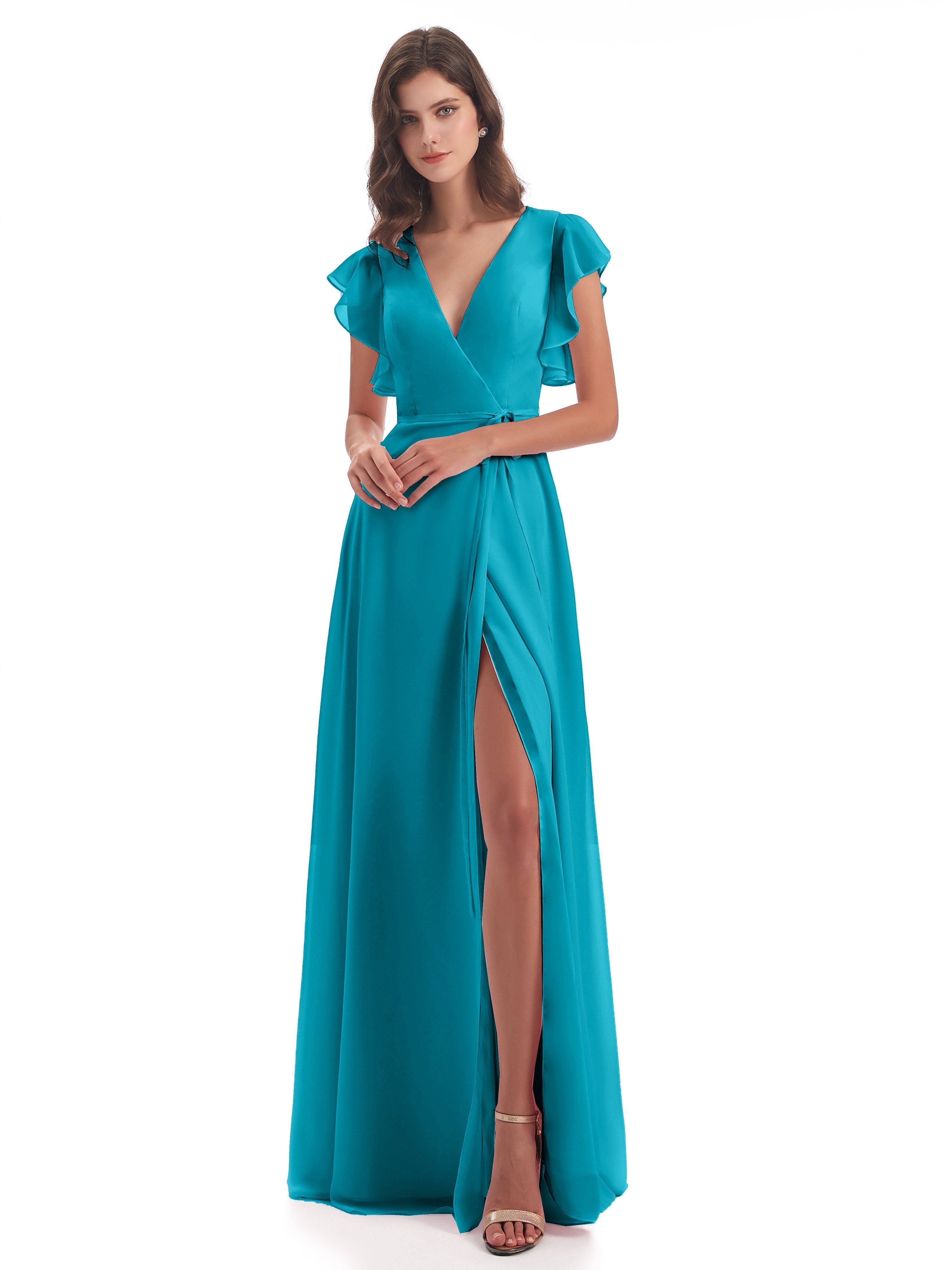Jade Colour Bridesmaid Dresses Hope Charming V Neck Long Chiffon Bride