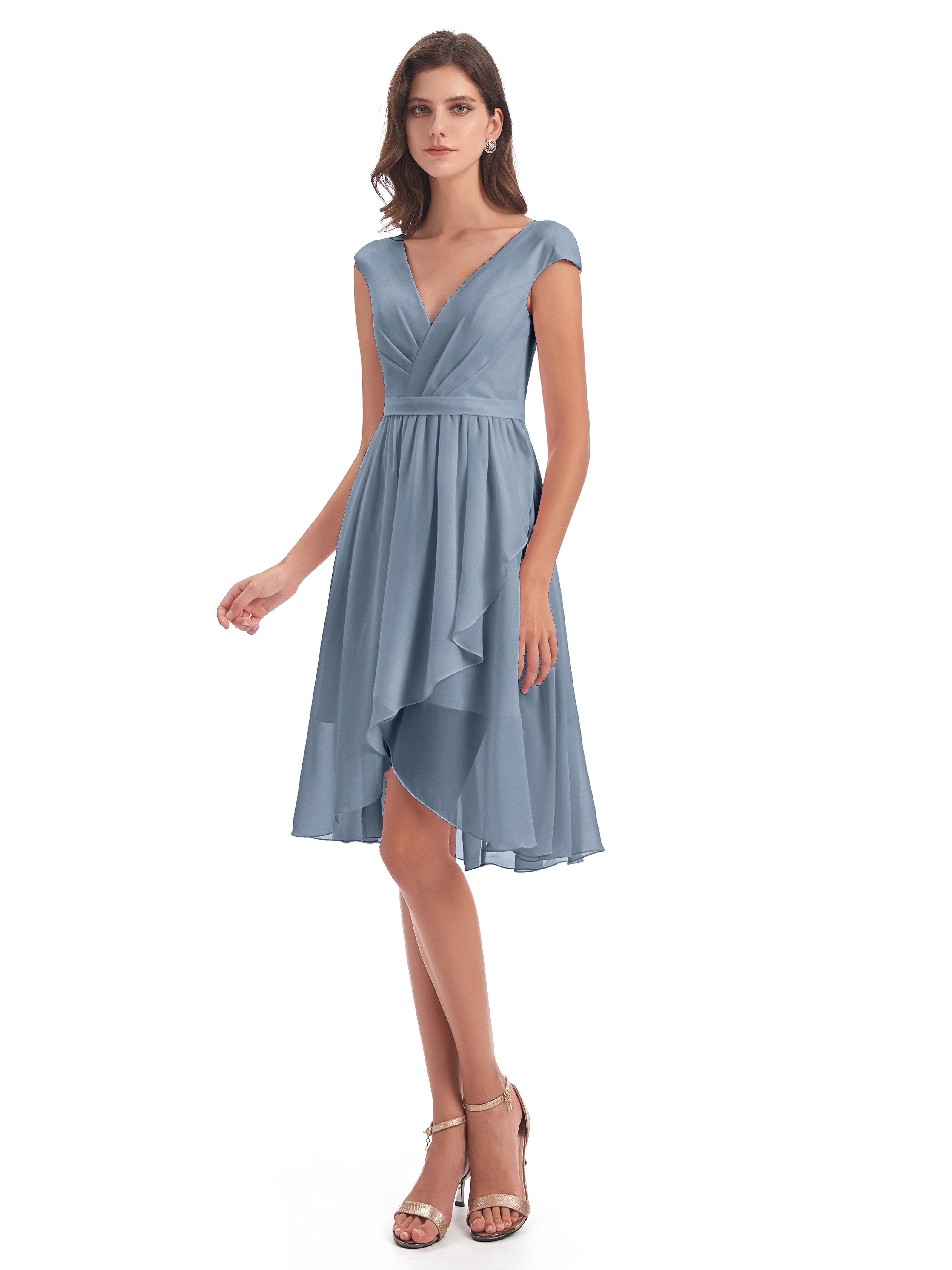 Long Dusty Blue Bridesmaid Dresses Renee Gorgeous Chiffon V-Neck Knee-