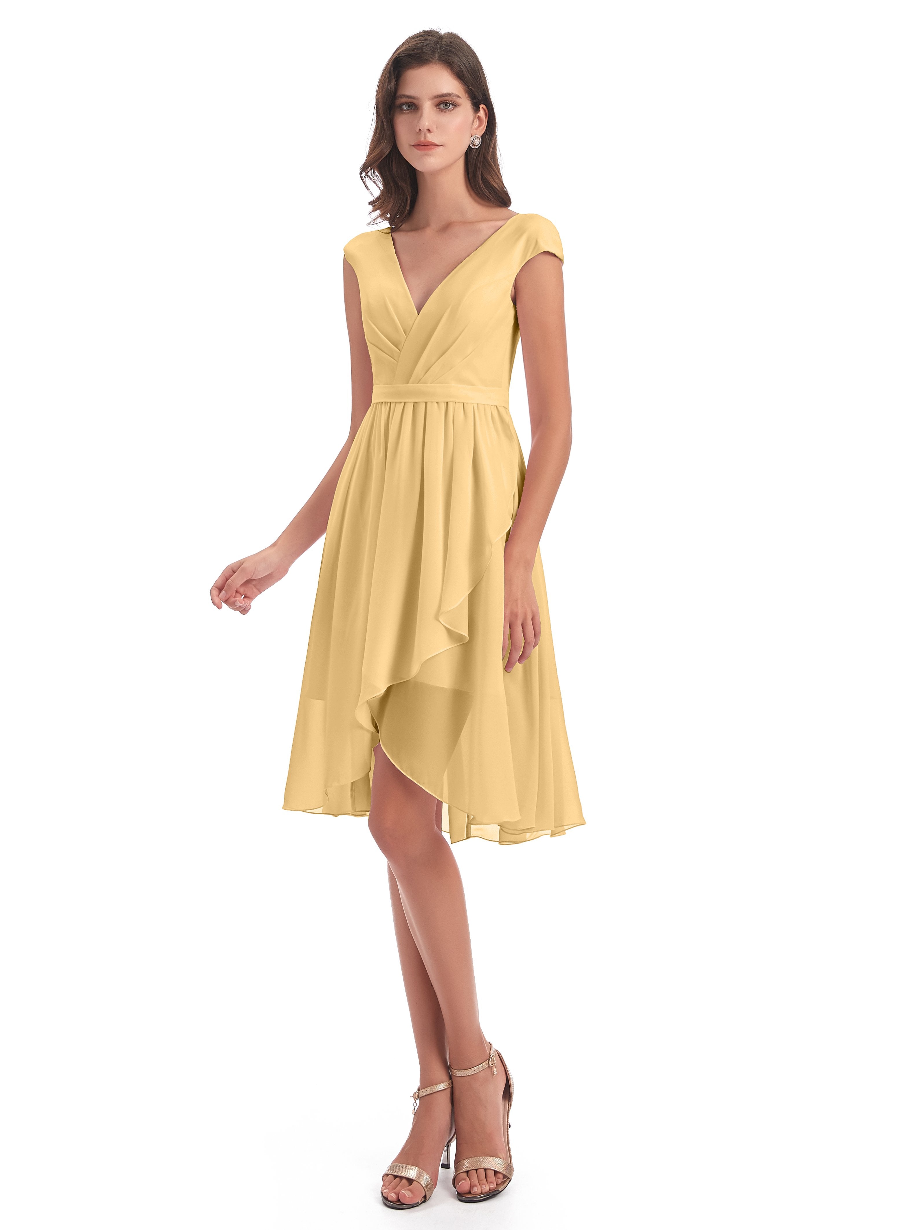 Gold Yellow Bridesmaid Dresses Renee Gorgeous Chiffon V-Neck Knee-Leng