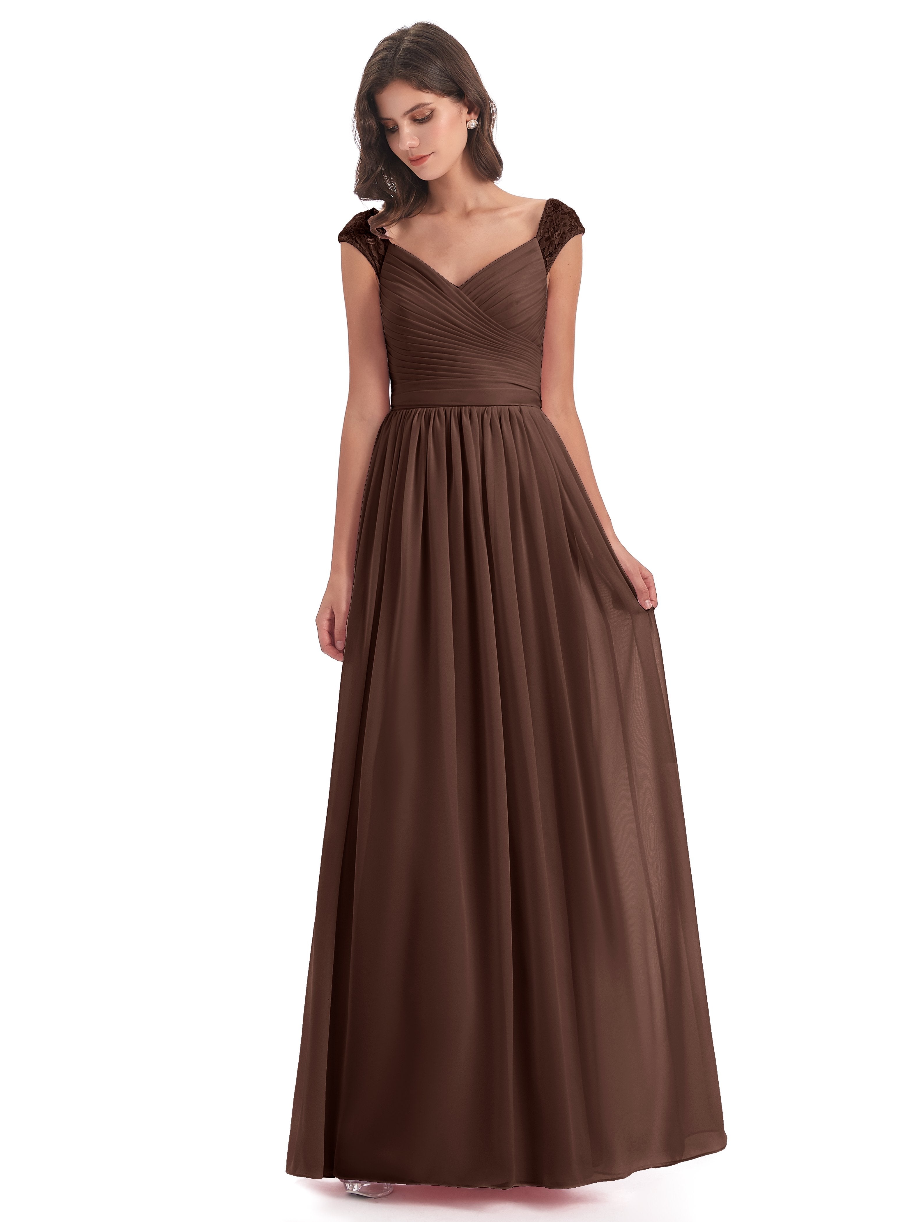 Chocolate Brown Bridesmaid Dress Charming Cap Sleeves Floor Length Bri